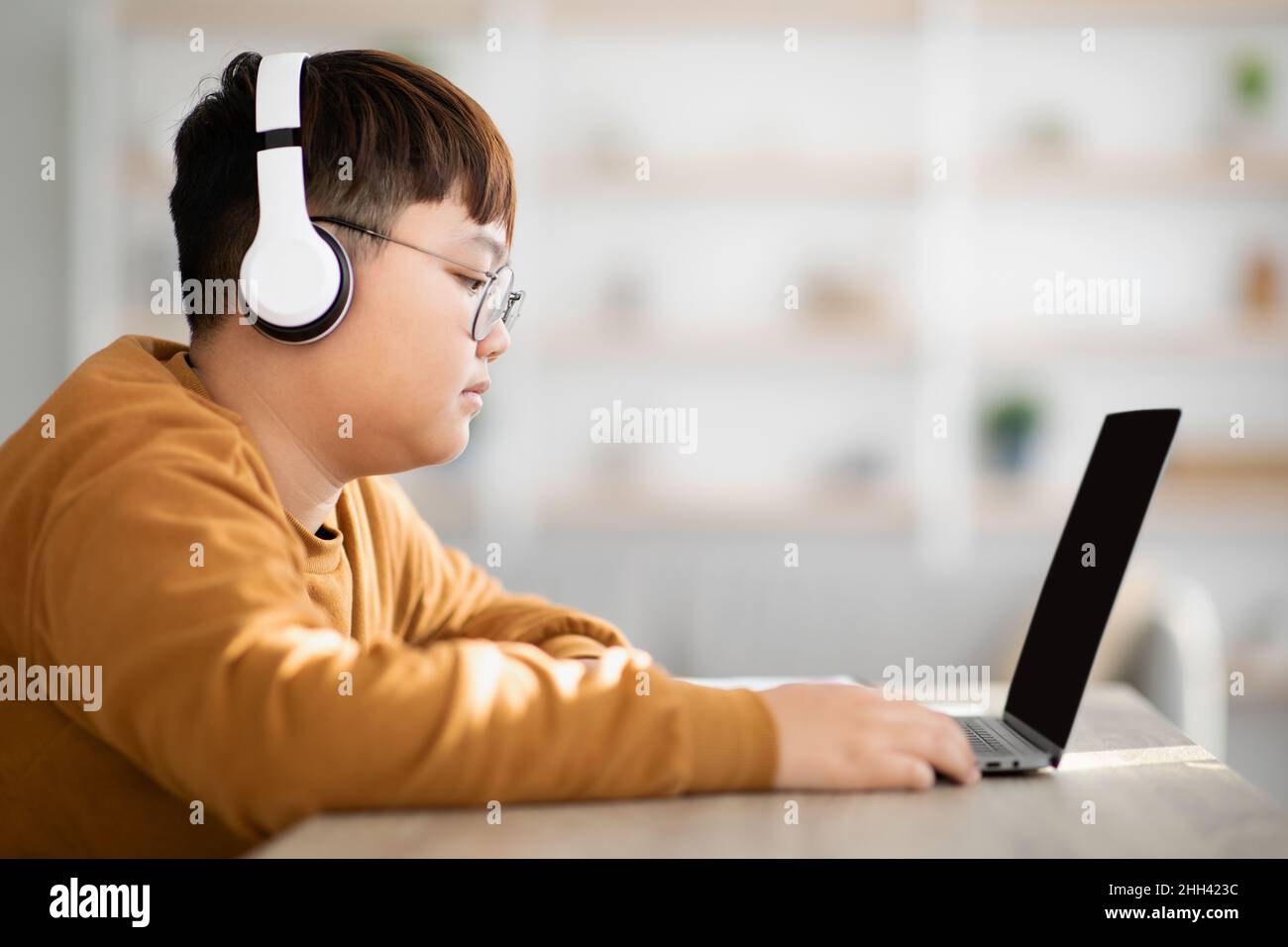 Vista laterale di un adolescente asiatico che utilizza un computer portatile con schermo vuoto Foto Stock