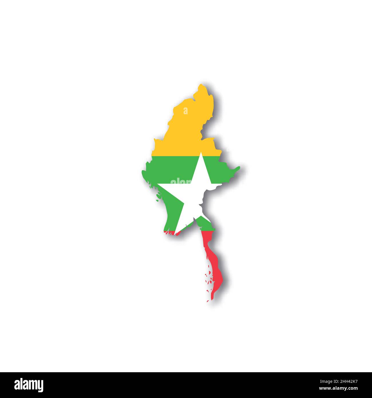Birmania, bandiera nazionale del Myanmar sotto forma di mappa del paese Illustrazione Vettoriale