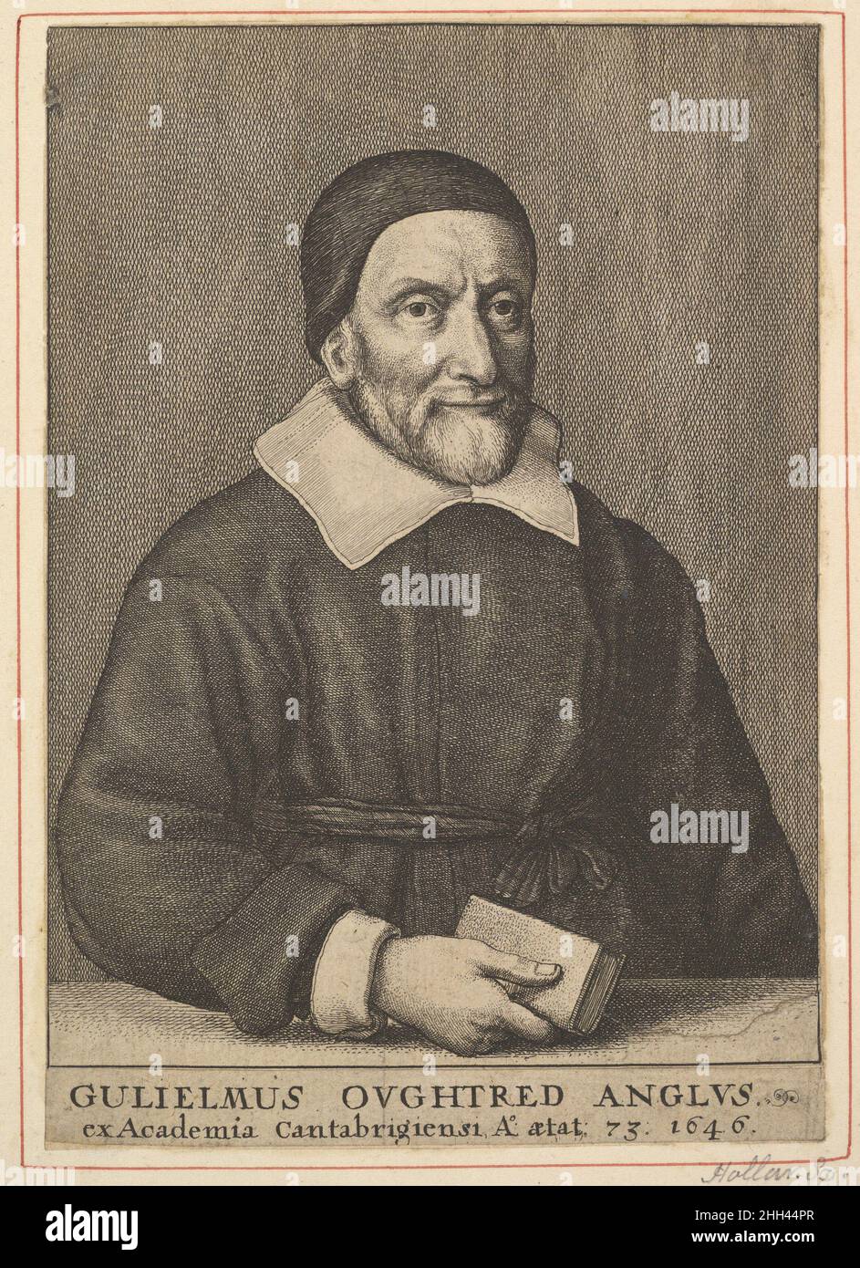 Gulielmus Oughtred Anglus (frontespizio di Oughtred 'The Key of the Mathematicks New Forged and Filed,' 1647) 1646 Venceslao Hollar Bohemian questo ritratto lungo l'allaccio del rettore e matematico, William Oughtred, mostra la seduta a settantatré, indossando un cappellino, un colletto e un abito. Gli viene accreditato di creare la regola di scorrimento nel 1622, che ha permesso la moltiplicazione e la divisione diretta, con l'introduzione di 'x' per indicare la mullificazione, e le abbreviazioni 'sin' e 'cos' per seno e coseno. Gulielmus Oughtred Anglus (frontespizio di Oughtred 'la chiave di Foto Stock