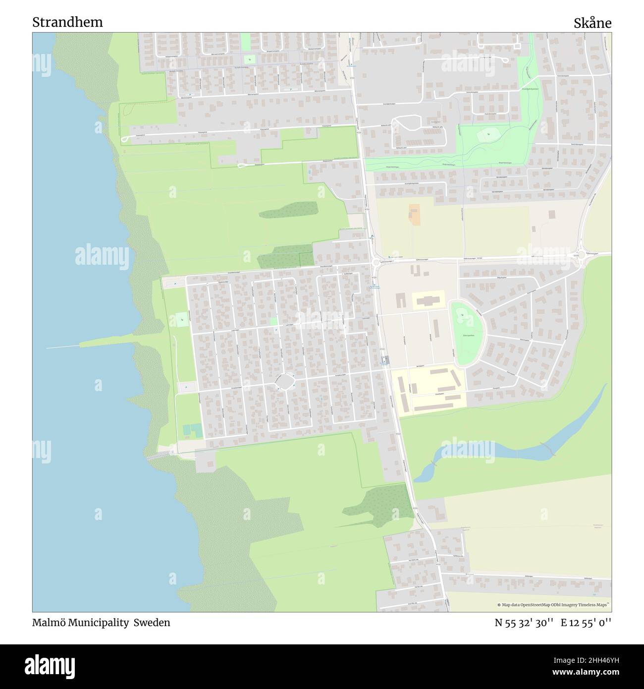 Strandhem, comune di Malmö, Svezia, Skåne, N 55 32' 30'', e 12 55' 0''', mappa, mappa senza tempo pubblicata nel 2021. Viaggiatori, esploratori e avventurieri come Florence Nightingale, David Livingstone, Ernest Shackleton, Lewis and Clark e Sherlock Holmes si sono affidati alle mappe per pianificare i viaggi verso gli angoli più remoti del mondo, Timeless Maps sta mappando la maggior parte delle località del mondo, mostrando il successo di grandi sogni. Foto Stock