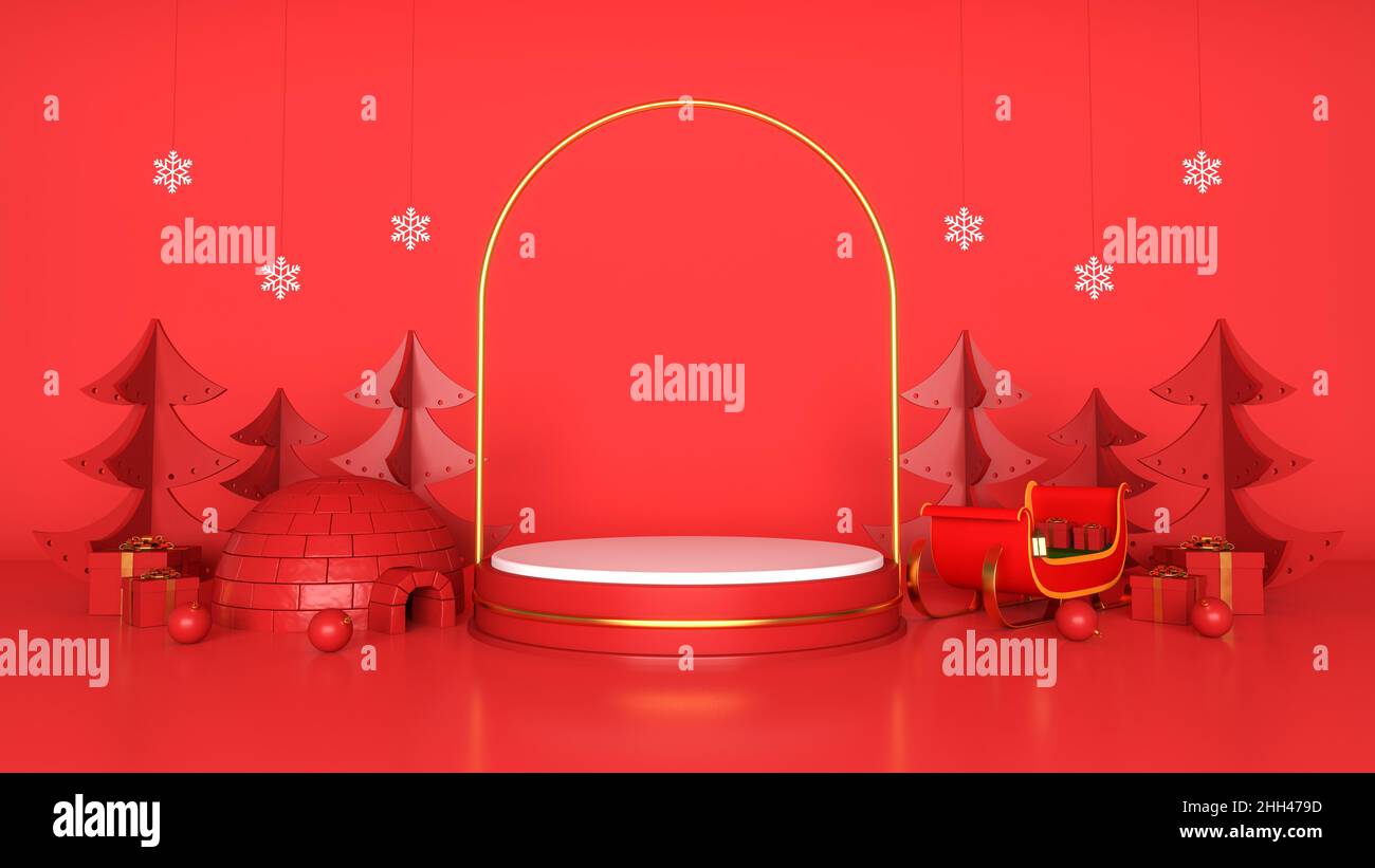 Promozione di Natale e Capodanno sul display del podio, rendering 3D Foto Stock