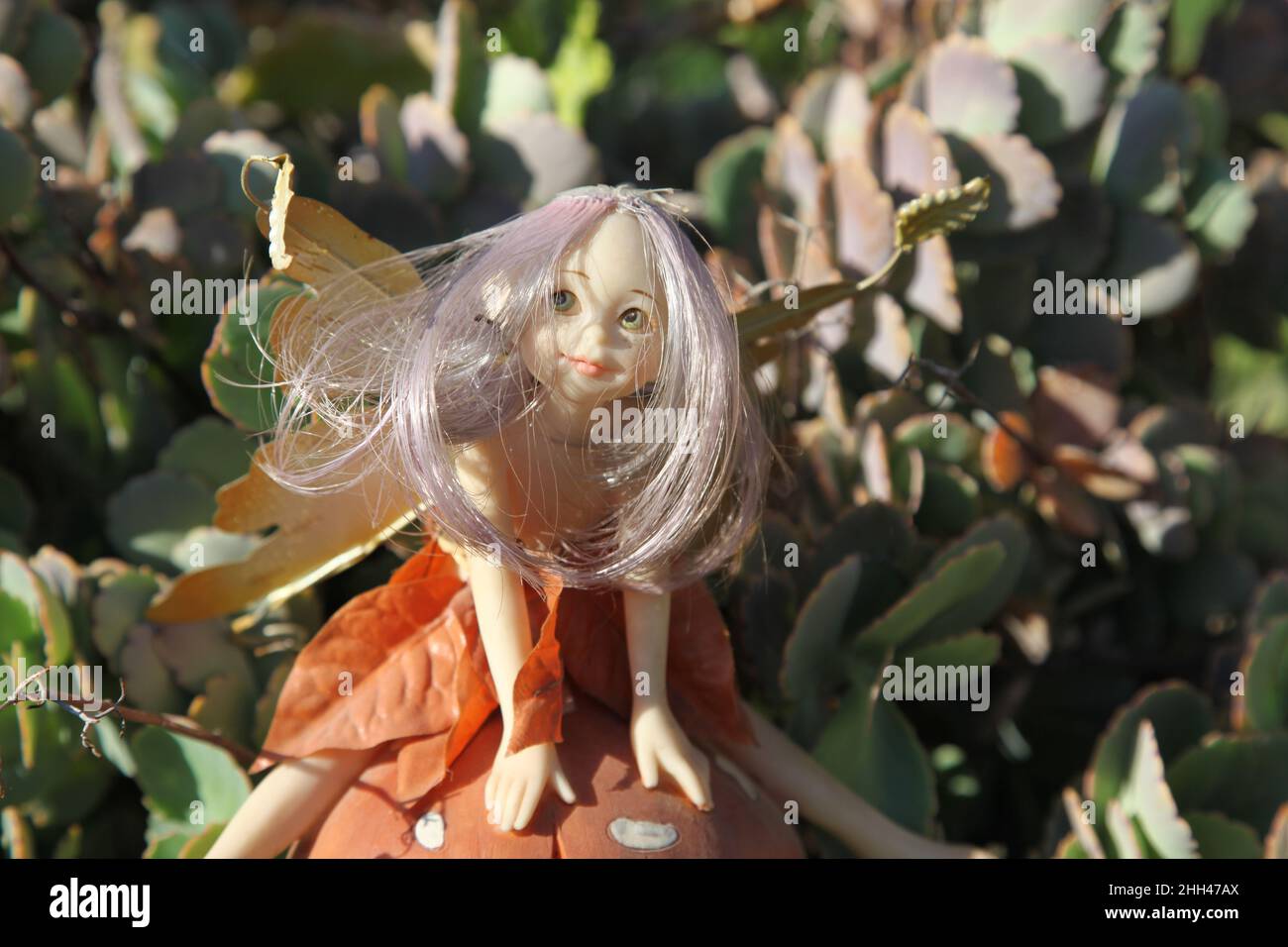 Una carina fata con capelli lunghi e ali. Una statuetta fata seduta su un fungo nel giardino Foto Stock