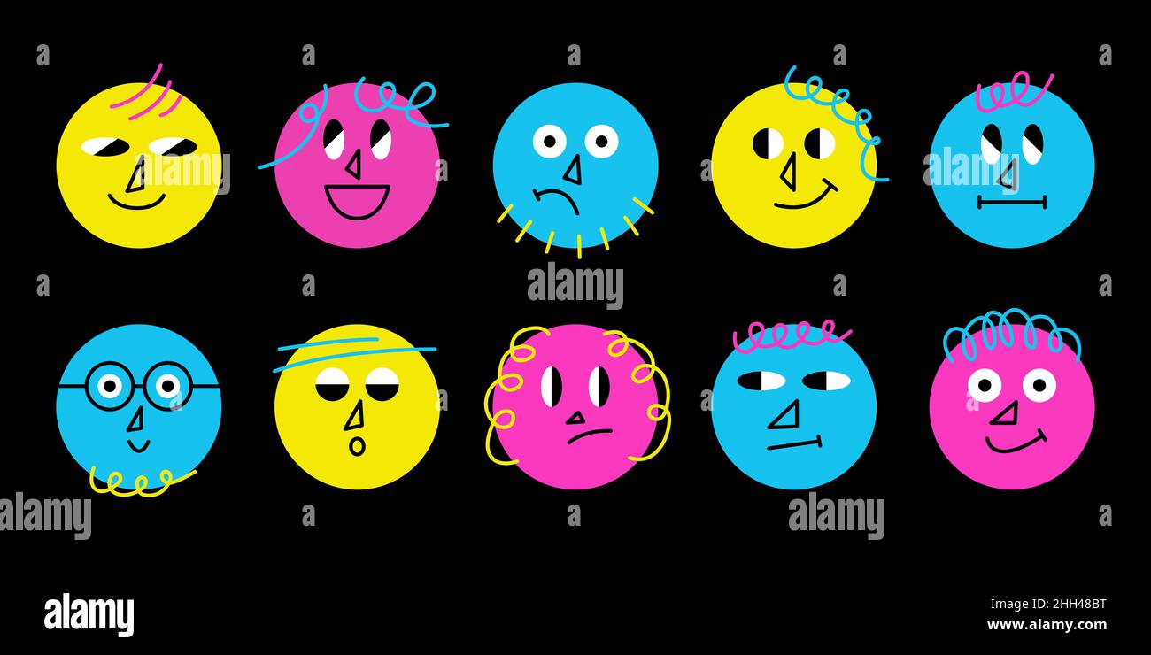 Set carino di semplici volti colorati dai colori vivaci. Personaggi fumetti vettoriali alla moda isolati su sfondo bianco. Illustrazione Vettoriale