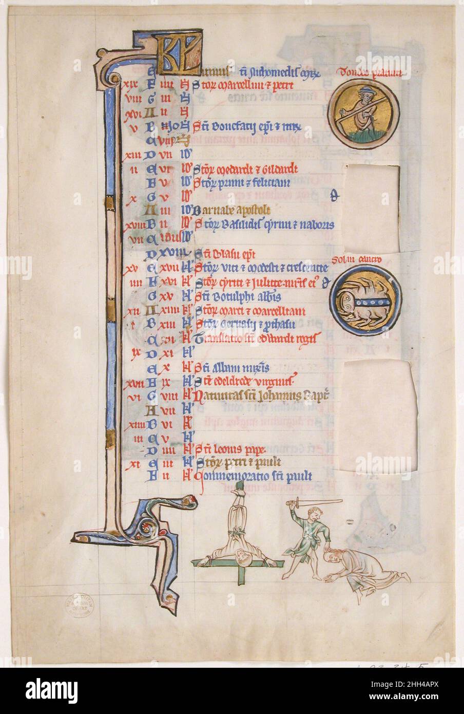 Manoscritto foglia con Calendario di giugno, da un Salterio reale britannico del 13th secolo questa pagina manoscritta da un salterio utilizza lo stesso formato delle pagine del calendario trovate in un tipico libro di ore. Giugno è scritto in alto; il testo include i nomi dei santi e delle feste da celebrare durante quel mese. Le rotonde nel margine destro raffigurano sia il lavoro associato a giugno (grano di falce) che il segno dello zodiaco, cancro (qui rappresentato con 8 gambe). Nel margine inferiore si trova un disegno colorato dei martiri dei Santi Pietro e Paolo, celebrati il 29th giugno; il giorno santo corrispondente è l Foto Stock