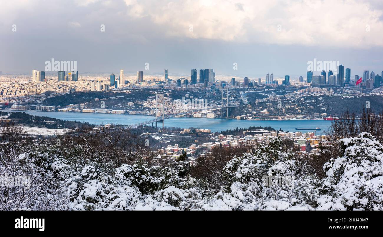 Giornata di neve a Istanbul, Turchia. Vista del Ponte sul Bosforo da Camlica Hill. Bellissimo paesaggio invernale a Istanbul. Foto Stock