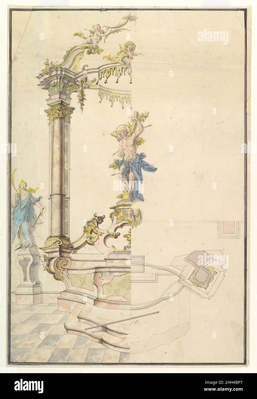 Design per una pala d'altare con un personaggio di San Sebastiano 1741 Joseph Anton Feuchtmayer tedesco. Design per pala d'altare con un personaggio di San Sebastiano 383411 artista: Joseph Anton Feuchtmayer, tedesco, Linz 1696?1770 Mimmenshausen, Design per pala d'altare con un personaggio di San Sebastiano, 1741, penna e inchiostro grigio, e acquerello. Ampia linea di incorniciatura a penna e inchiostro nero, foglio: 20 1/4 x 13 11/16 pollici (51,4 x 34,8 cm). Il Metropolitan Museum of Art, New York. Purchase, Bequest of W. Gedney Beatty, by Exchange, 2008 (2008,204) Foto Stock