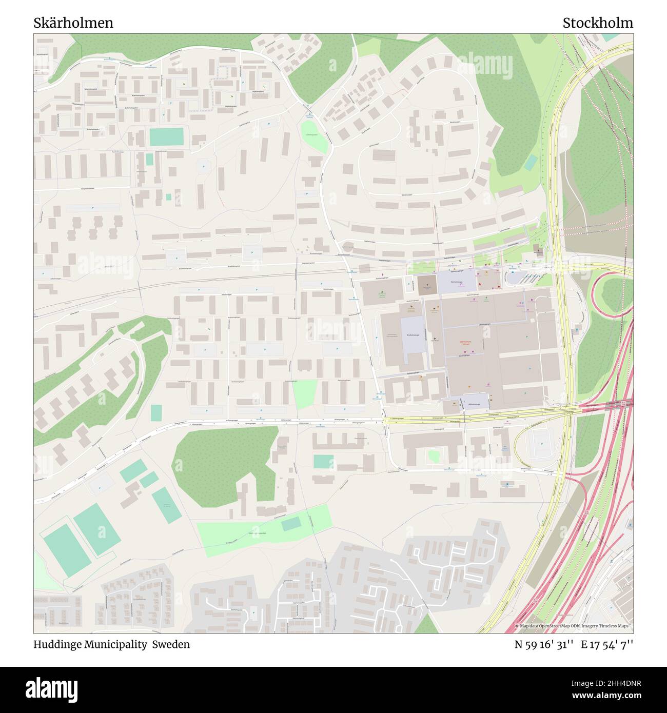 Skärholmen, Huddinge Municipality, Sweden, Stockholm, N 59 16' 31'', e 17 54' 7''', map, Timeless Map pubblicato nel 2021. Viaggiatori, esploratori e avventurieri come Florence Nightingale, David Livingstone, Ernest Shackleton, Lewis and Clark e Sherlock Holmes si sono affidati alle mappe per pianificare i viaggi verso gli angoli più remoti del mondo, Timeless Maps sta mappando la maggior parte delle località del mondo, mostrando il successo di grandi sogni. Foto Stock