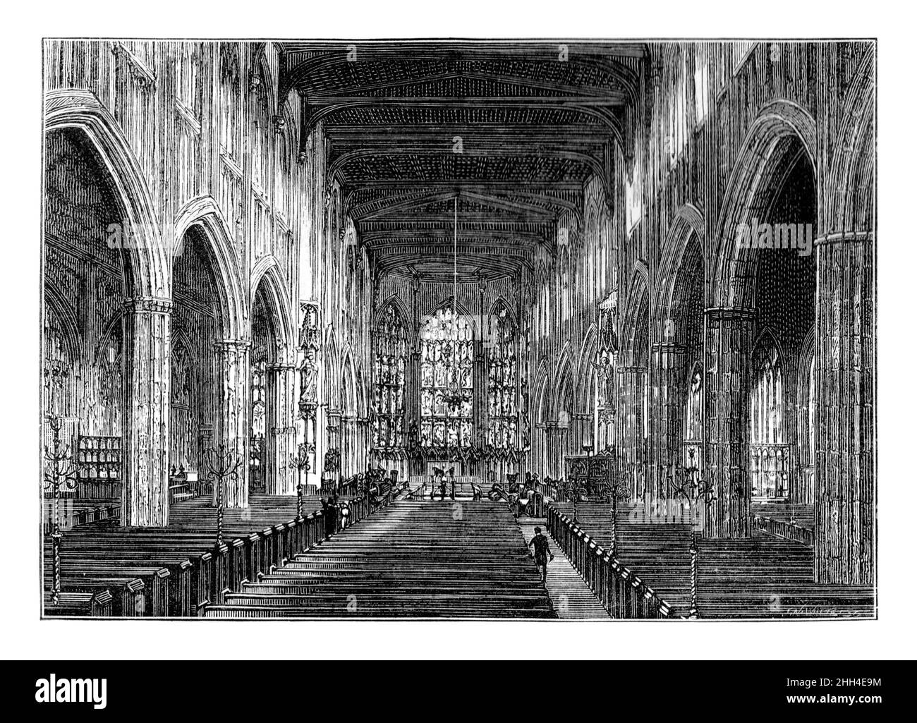 Illustrazione in bianco e nero; interno della Cattedrale della Chiesa di San Michele, Coventry circa 1880 Foto Stock