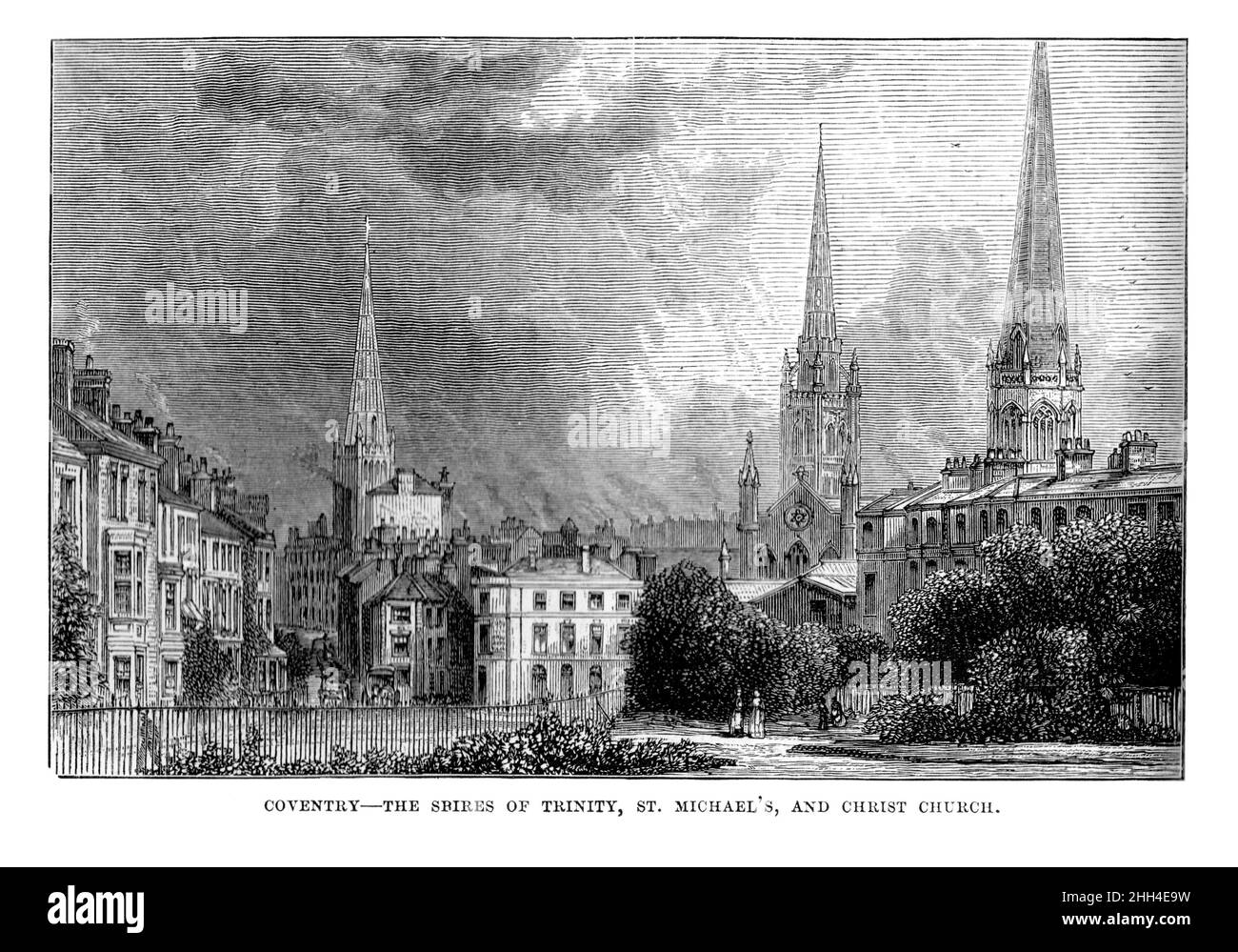 Illustrazione in bianco e nero; Coventry - le guglie della Trinità, la Chiesa di San Michele e Cristo circa 1880 Foto Stock
