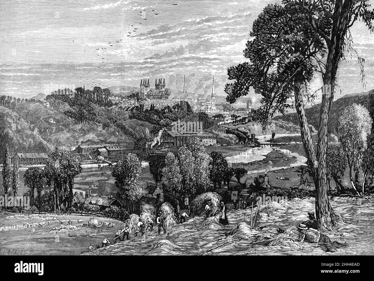Illustrazione in bianco e nero; Exeter from Exwick Fields, circa 1880 Foto Stock