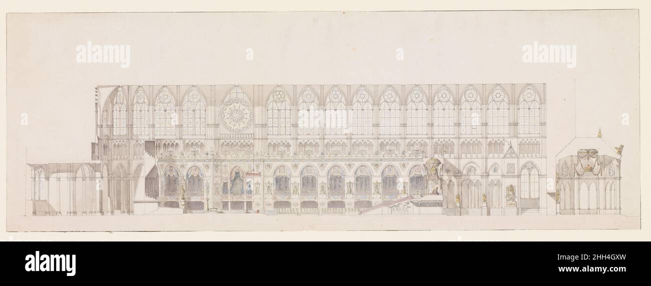 Sezione trasversale della navata della Cattedrale di Reims, decorata per l'incoronazione di re Luigi XVIII 1815 Charles Percier Francese questo foglio mostra una sezione trasversale dell'interno della Cattedrale di Reims con le decorazioni per l'incoronazione di re Luigi XVIII. Il disegno rappresenta uno dei sei disegni che costituiscono l'unica documentazione dei piani per questa incoronazione, che non ha mai avuto luogo. L'evento è stato probabilmente ritardato, e alla fine licenziato a causa dello stato precario della monarchia francese e la salute in declino del re. Inoltre, l'idea di un'incoronazione reale, conferita dal gatto francese Foto Stock