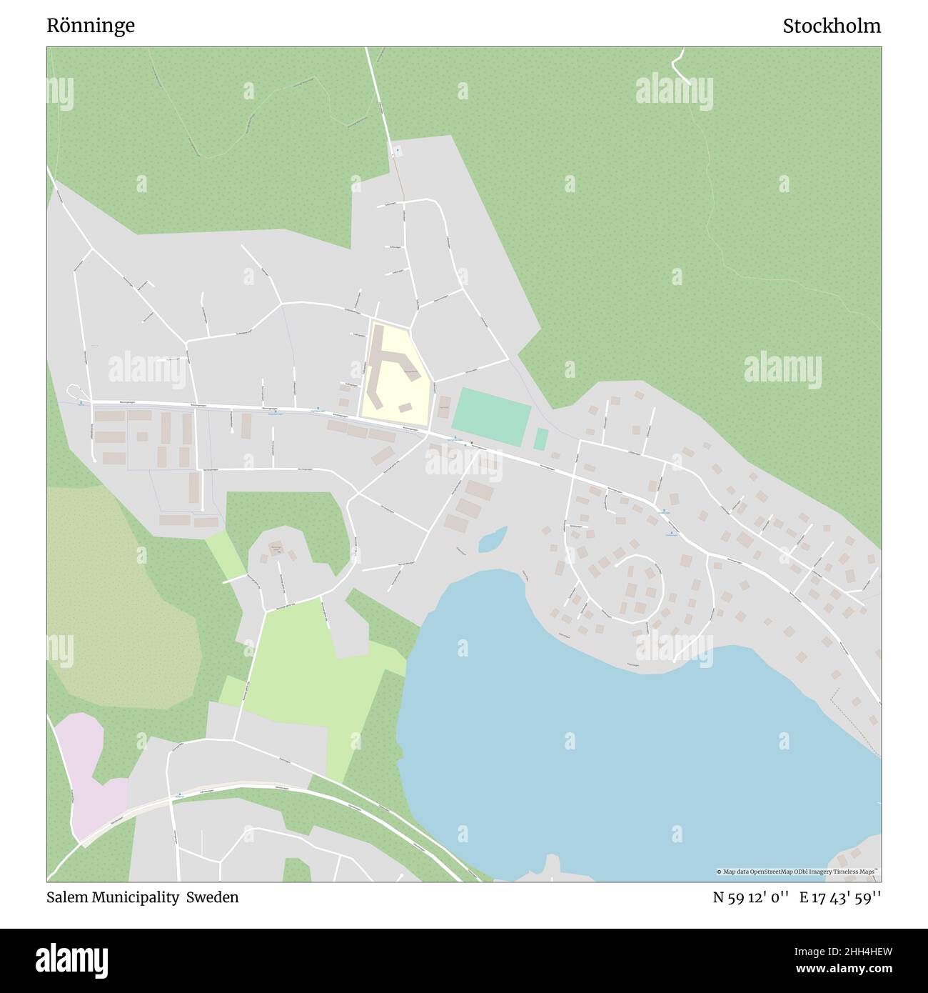 Rönninge, comune di Salem, Svezia, Stoccolma, N 59 12' 0'', e 17 43' 59''', mappa, mappa senza tempo pubblicata nel 2021. Viaggiatori, esploratori e avventurieri come Florence Nightingale, David Livingstone, Ernest Shackleton, Lewis and Clark e Sherlock Holmes si sono affidati alle mappe per pianificare i viaggi verso gli angoli più remoti del mondo, Timeless Maps sta mappando la maggior parte delle località del mondo, mostrando il successo di grandi sogni. Foto Stock