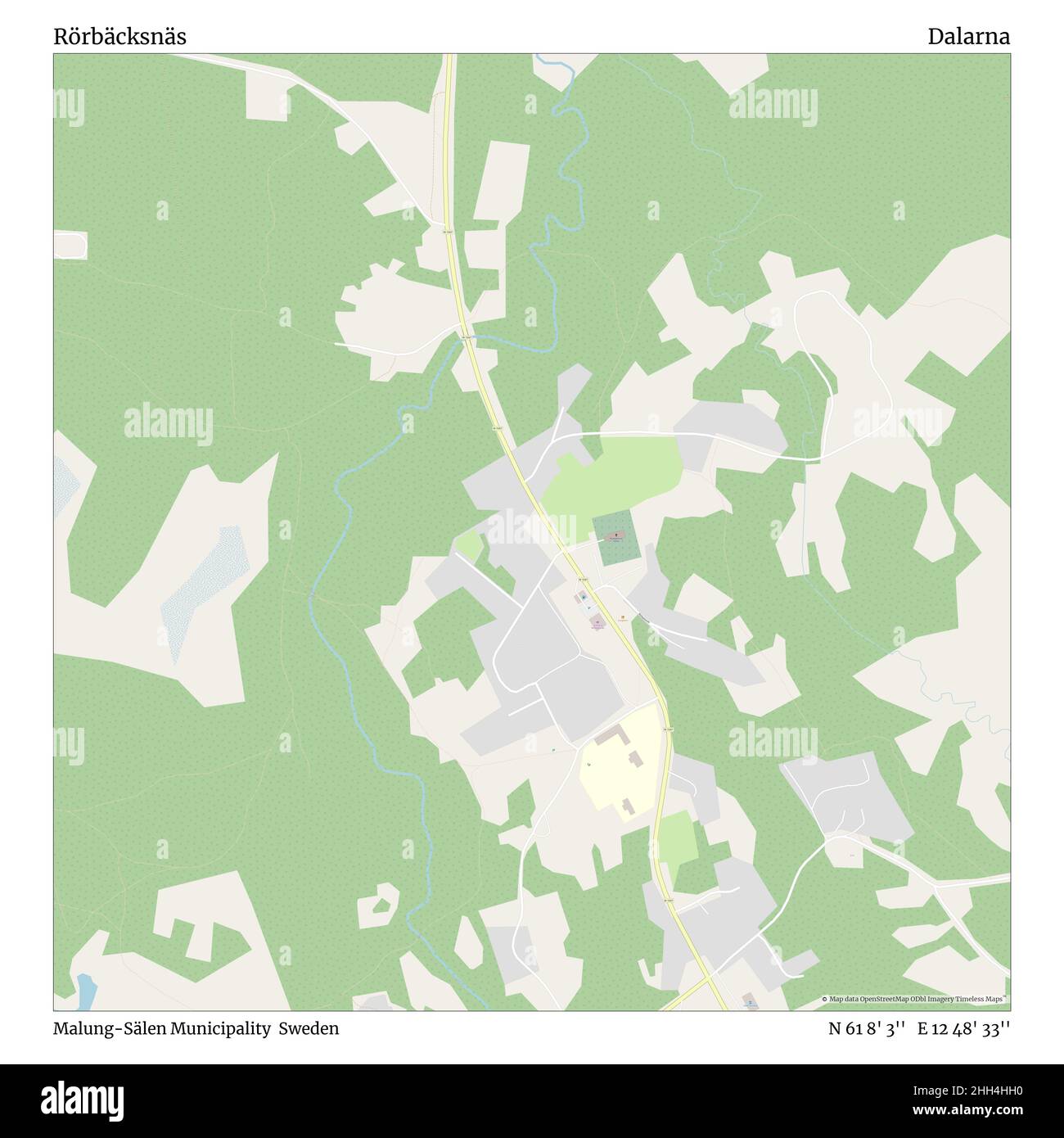 Rörbäcksnäs, comune di Malung-Sälen, Svezia, Dalarna, N 61 8' 3'', e 12 48' 33''', mappa, mappa senza tempo pubblicata nel 2021. Viaggiatori, esploratori e avventurieri come Florence Nightingale, David Livingstone, Ernest Shackleton, Lewis and Clark e Sherlock Holmes si sono affidati alle mappe per pianificare i viaggi verso gli angoli più remoti del mondo, Timeless Maps sta mappando la maggior parte delle località del mondo, mostrando il successo di grandi sogni. Foto Stock