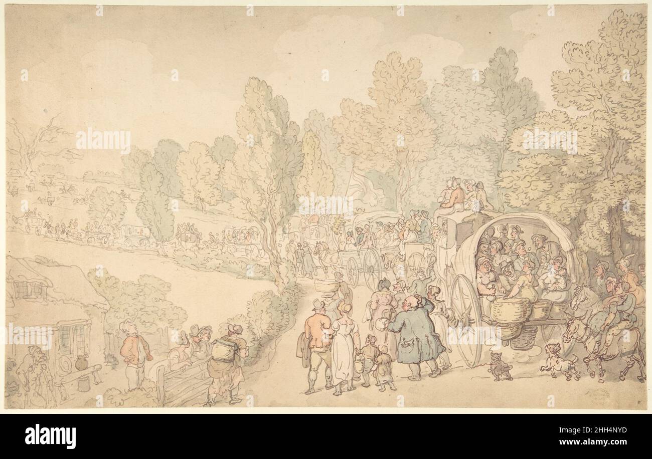 Fiera Fairlop, Essex ca. 1816 Thomas Rowlandson British Rowlandson qui raffigura una strada di campagna piena di carri e pedoni, la scena osservata dai cottagers a sinistra. Sono note tre versioni della composizione, una con un cartello sopra la porta del cottage inscritto "Fairlop Fair, Essex". Questo evento annuale ha avuto origine come pasto ospitato ogni luglio da un ingegnere londinese, Daniel Day (1683–1767). Quest'ultimo si è concentrato su un enorme albero di cinquecento anni, la quercia Fairlop, nella foresta di Hainault. I commercianti con le bancarelle vennero a servire la folla e, alla metà del diciottesimo secolo, la 'fiera' si avvicinò ad un Foto Stock