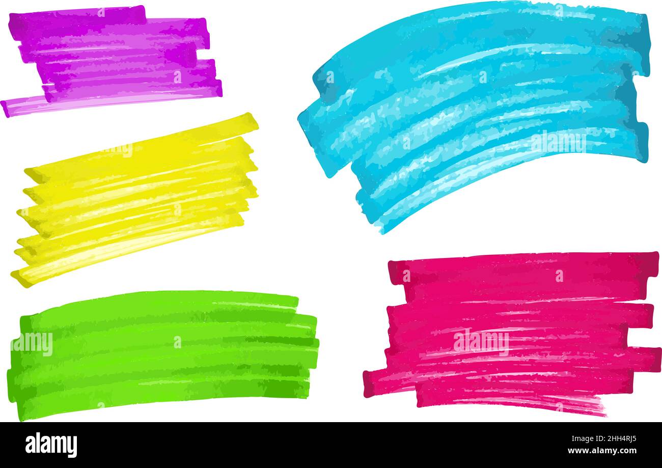 Strisce colorate per evidenziatore. Raccolta di elementi orizzontali rettangolari disegnati a mano. Disegno vettoriale per note, memo, bullet journal Illustrazione Vettoriale