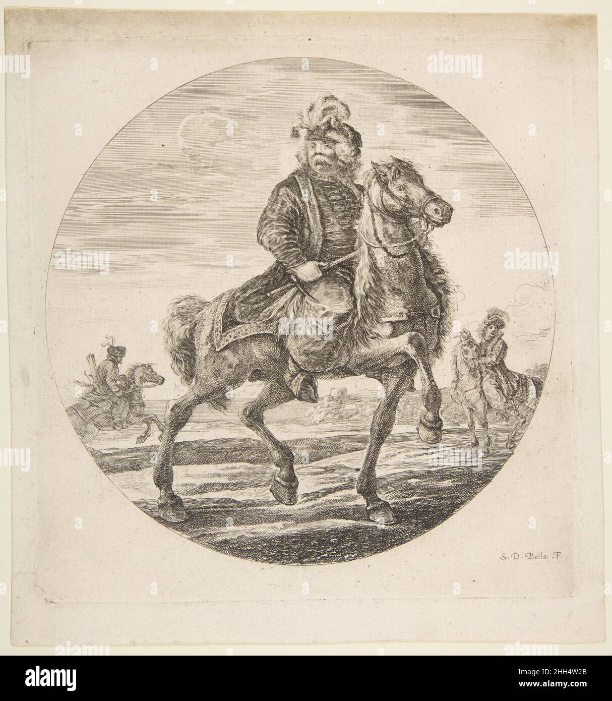 Cavaliere ungherese che gira verso destra, altri cavalieri sullo sfondo, una composizione circolare di 'Figures on Horseback' (Cavaliers nègres, polonais et hongrois) ca. 1651 Stefano della Bella italiano. Cavaliere ungherese che cavalcano verso destra, altri cavalieri sullo sfondo, una composizione circolare di 'Figures on Horseback' (Cavaliers nègres, polonais et hongrois) 376403 Foto Stock
