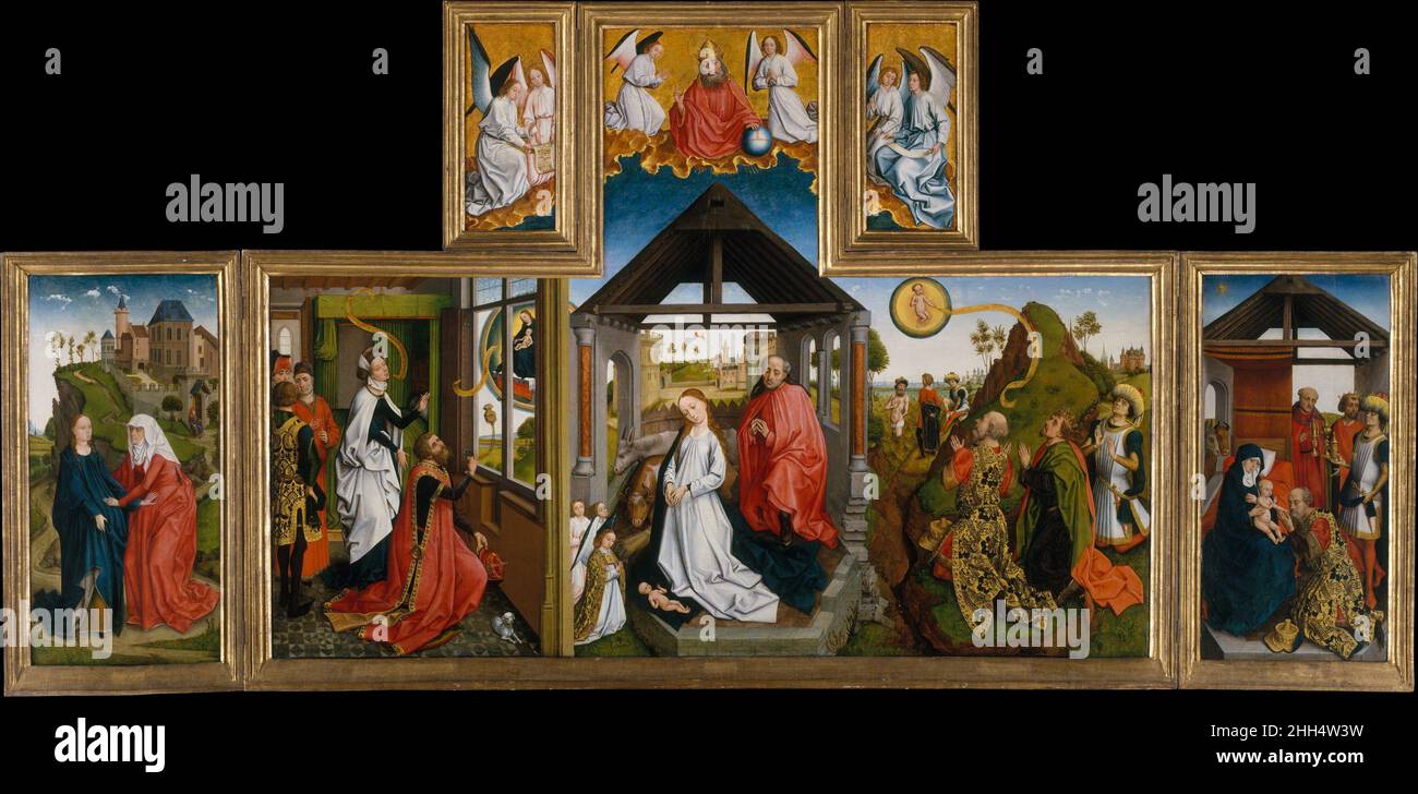 La Natività metà del 15th secolo laboratorio di Rogier van der Weyden Netherlandh il pannello centrale di questa pala d'altare rappresenta la Natività, fiancheggiata a sinistra dall'annunciazione del Tiburtino Sibyl all'imperatore Augusto, E a destra dall'Annunciazione ai Magi con un'altra scena sullo sfondo dei Magi bagnanti sul Monte Victorial. Le ali raffigurano la Visitazione e l'Adorazione dei Magi, guardando dall'alto circondato da angeli, è Dio Padre. L'annuncio della venuta di Cristo ad Augusto e ai tre Re furono eventi che si pensavano avvenuti alla mamma Foto Stock La Natività metà del 15th secolo laboratorio di Rogier van der Weyden Netherlandh il pannello centrale di questa pala d'altare rappresenta la Natività, fiancheggiata a sinistra dall'annunciazione del Tiburtino Sibyl all'imperatore Augusto, E a destra dall'Annunciazione ai Magi con un'altra scena sullo sfondo dei Magi bagnanti sul Monte Victorial. Le ali raffigurano la Visitazione e l'Adorazione dei Magi, guardando dall'alto circondato da angeli, è Dio Padre. L'annuncio della venuta di Cristo ad Augusto e ai tre Re furono eventi che si pensavano avvenuti alla mamma Foto Stock