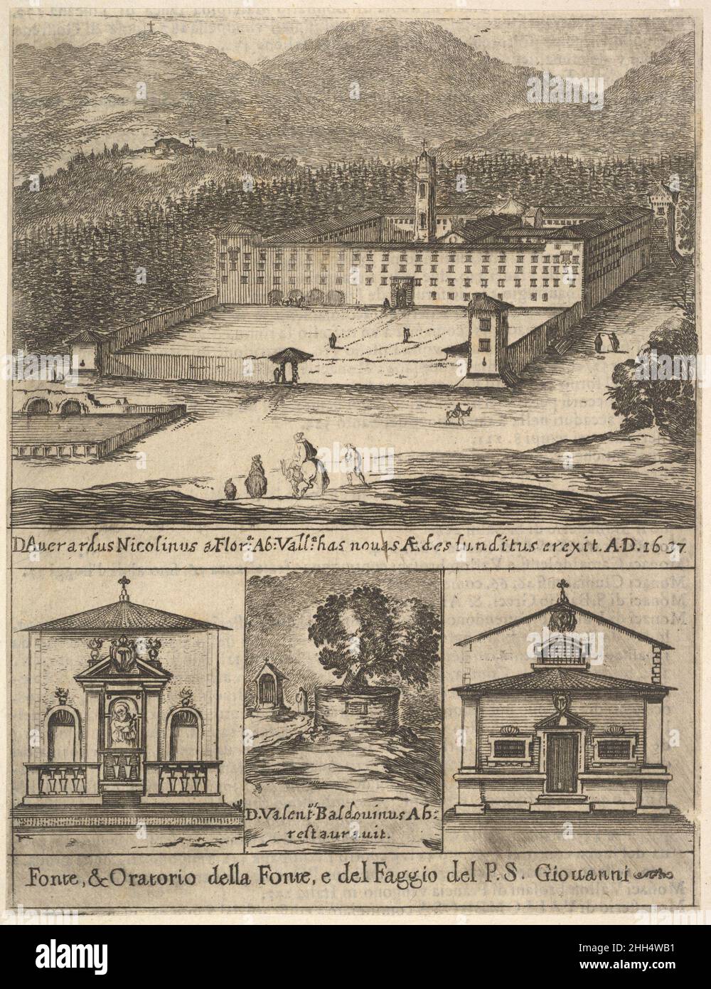 Quattro viste: In alto, una vista del nuovo monastero di Vallombrosa, in  basso a sinistra e a destra, una vista di una cappella, in basso al centro,  l'albero di San Giovanni Gualberto,