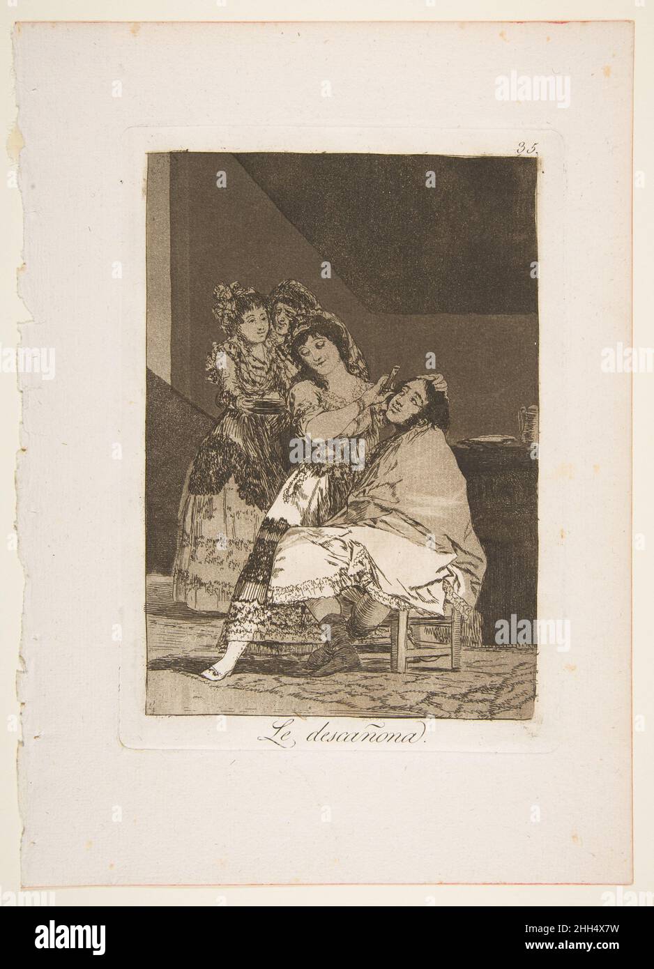 Targa 35 da 'Los Caprichos': Lei lo fugge (le descañona.) 1799 Goya (Francisco de Goya y Lucientes) Spagnolo. Targa 35 da 'Los Caprichos': Lei lo fugge (le descañona.) 380469 artista: Goya (Francisco de Goya y Lucientes), spagnolo, Fuendetodos 1746?1828 Bordeaux, piatto 35 da 'Los Caprichos': Lei lo fugge (le desca?ona.), 1799, acquatinta e brunito, piatto: 8 7/16 in. ? 6 poll. (21,4 ? 15,2 cm) foglio: 11 5/8 x 8 1/4 pollici (29,5 x 20,9 cm). Il Metropolitan Museum of Art, New York. Dono di M. Knoedler & Co., 1918 (18,64(35)) Foto Stock