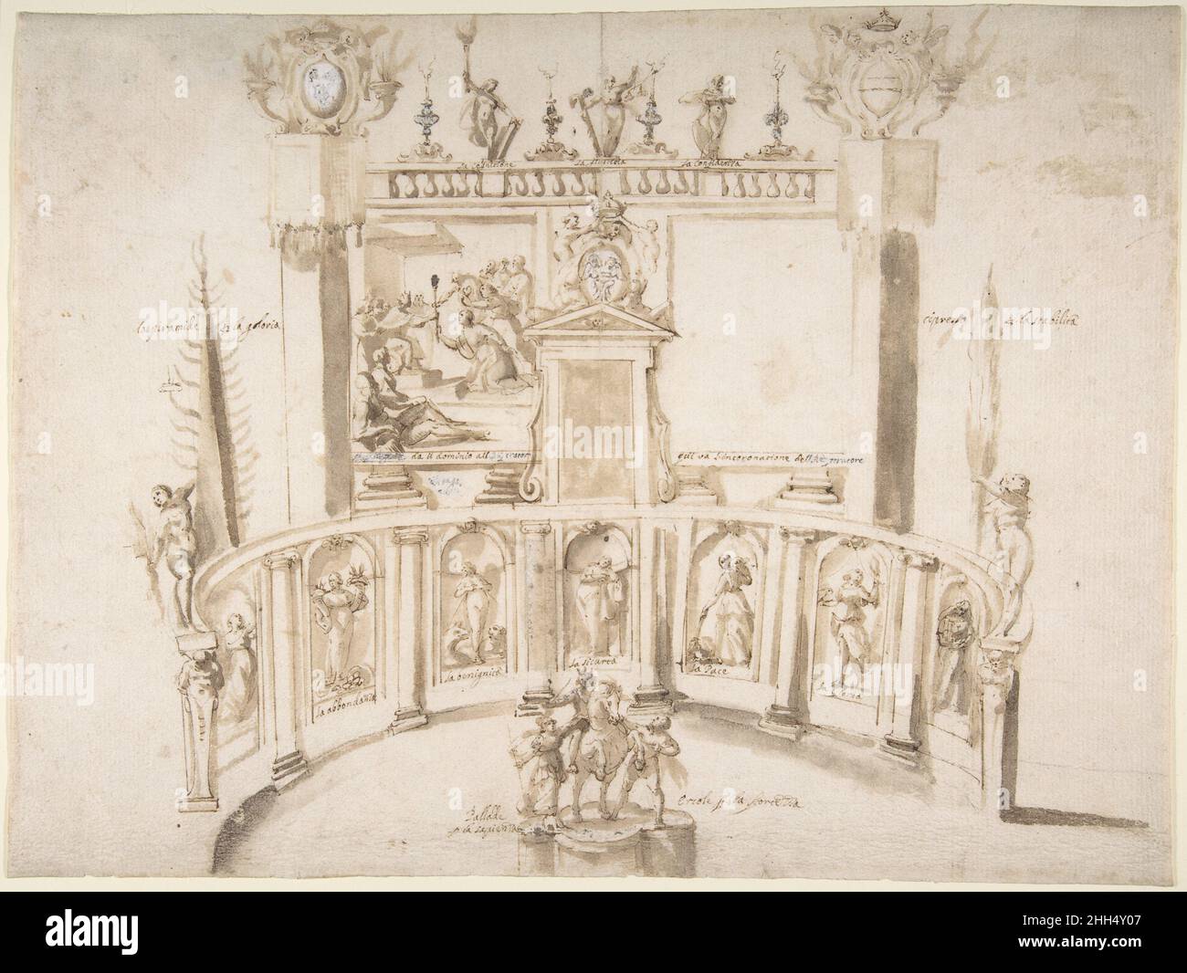 Design per un giardino Fête con una parete semicircolare e statue in nicchie. 1615–79 Francesco Allegrini italiano. Design per un giardino Fête con una parete semicircolare e statue in nicchie. 344239 Foto Stock
