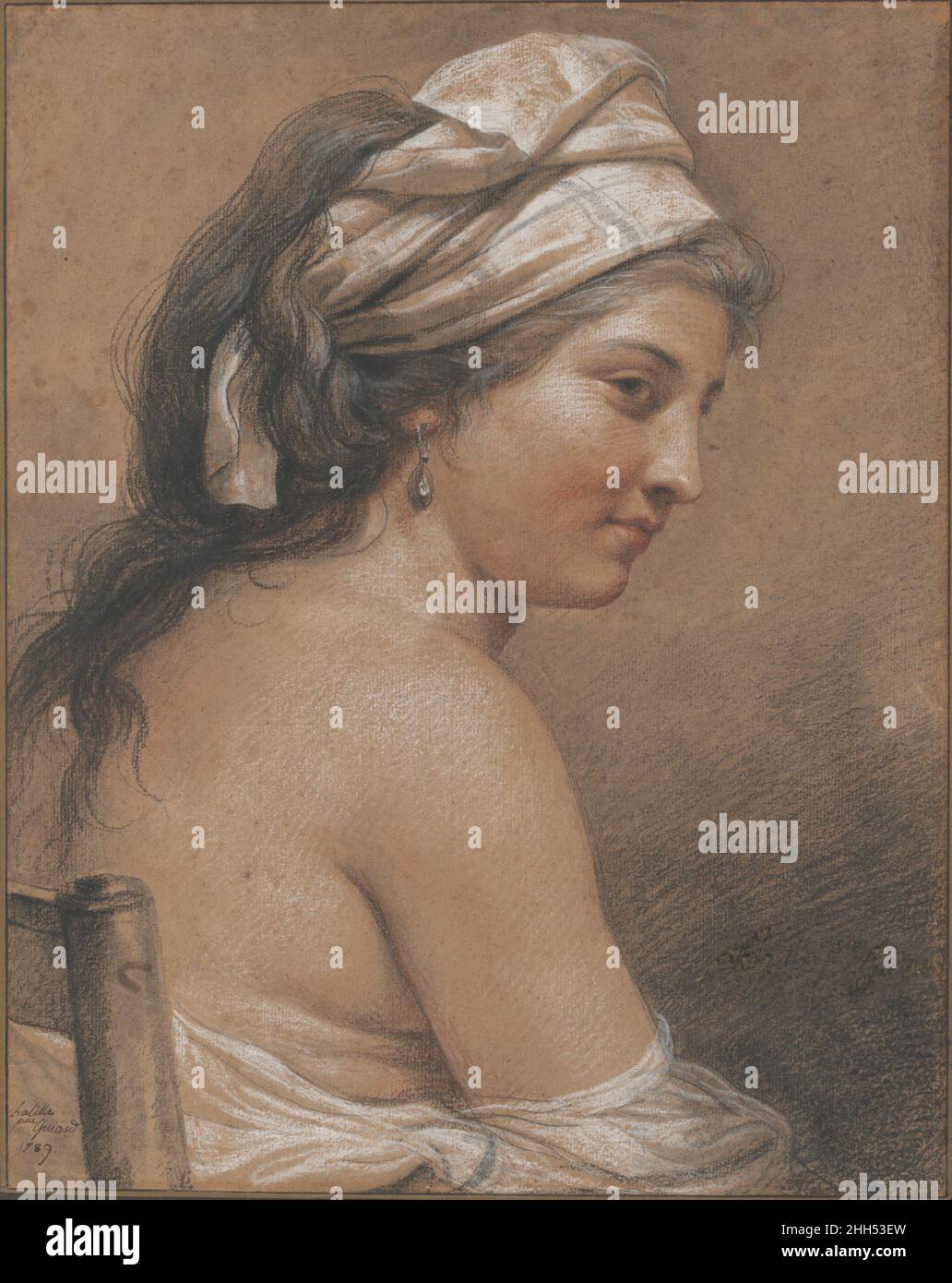 Studio di una donna seduta visto da dietro (Marie-Gabrielle Capet) 1789 Adélaide Labille-Guiard francese produzione di ritratti in miniatura, pastello, e olio, Labille-Guiard è stato ammesso alla Académie Royale nel 1783, una delle poche donne nel XVIII secolo Francia a guadagnare questo onore. Questo raro esempio della sua maestria mostra la sua vigorosa tecnica nei mayons di trois (gessi rossi, neri e bianchi) come simile a quella di suo marito, Francois-André Vincent (1746-1816). Raffigura qui la sua devota studentessa Marie-Gabrielle Capet (1761-1818), che visse nella famiglia della coppia, rimanendo su anche dopo Lab Foto Stock