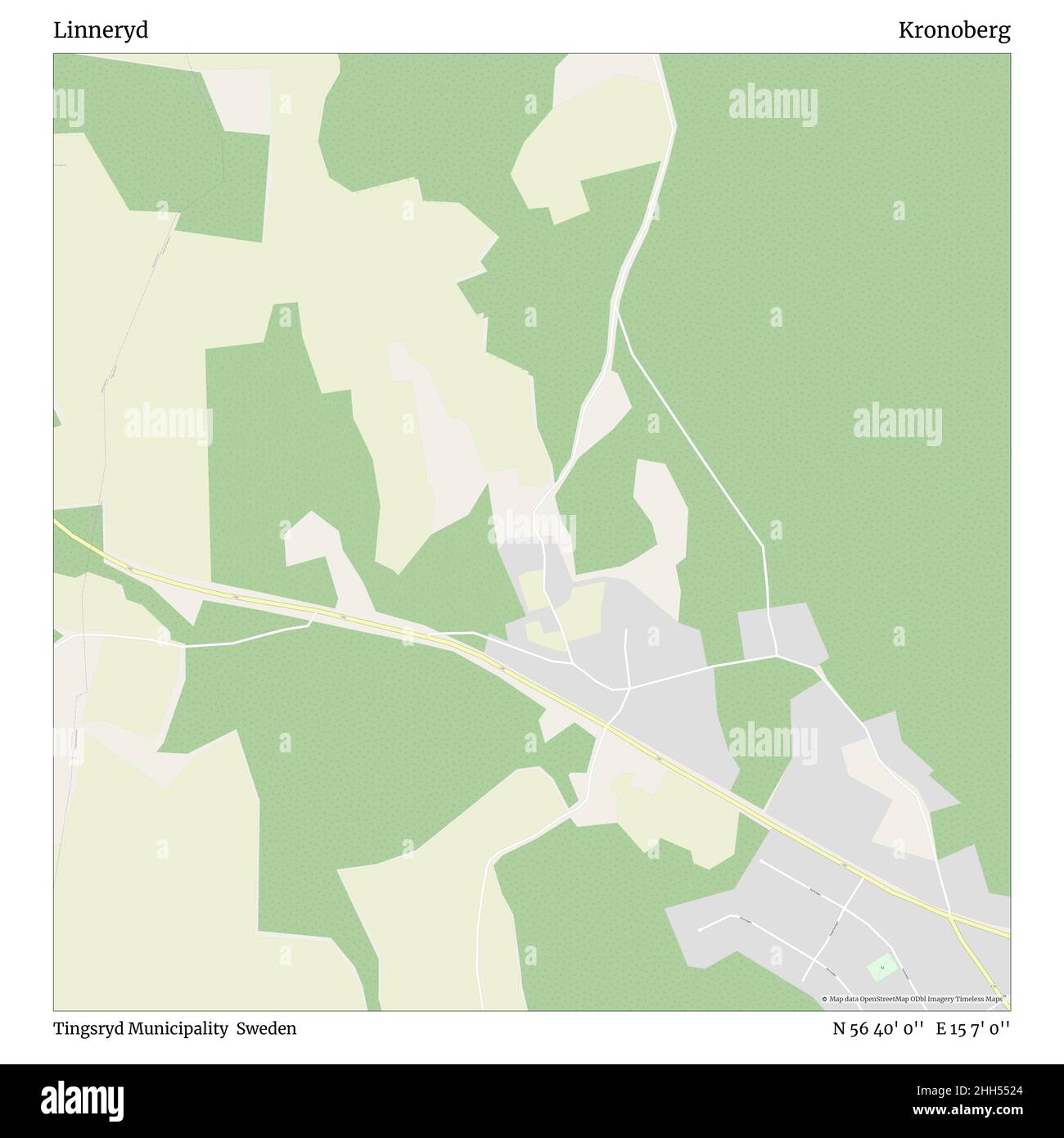 Linneryd, comune di Tingsryd, Svezia, Kronoberg, N 56 40' 0''', e 15 7' 0''', mappa, Mappa senza tempo pubblicata nel 2021. Viaggiatori, esploratori e avventurieri come Florence Nightingale, David Livingstone, Ernest Shackleton, Lewis and Clark e Sherlock Holmes si sono affidati alle mappe per pianificare i viaggi verso gli angoli più remoti del mondo, Timeless Maps sta mappando la maggior parte delle località del mondo, mostrando il successo di grandi sogni. Foto Stock