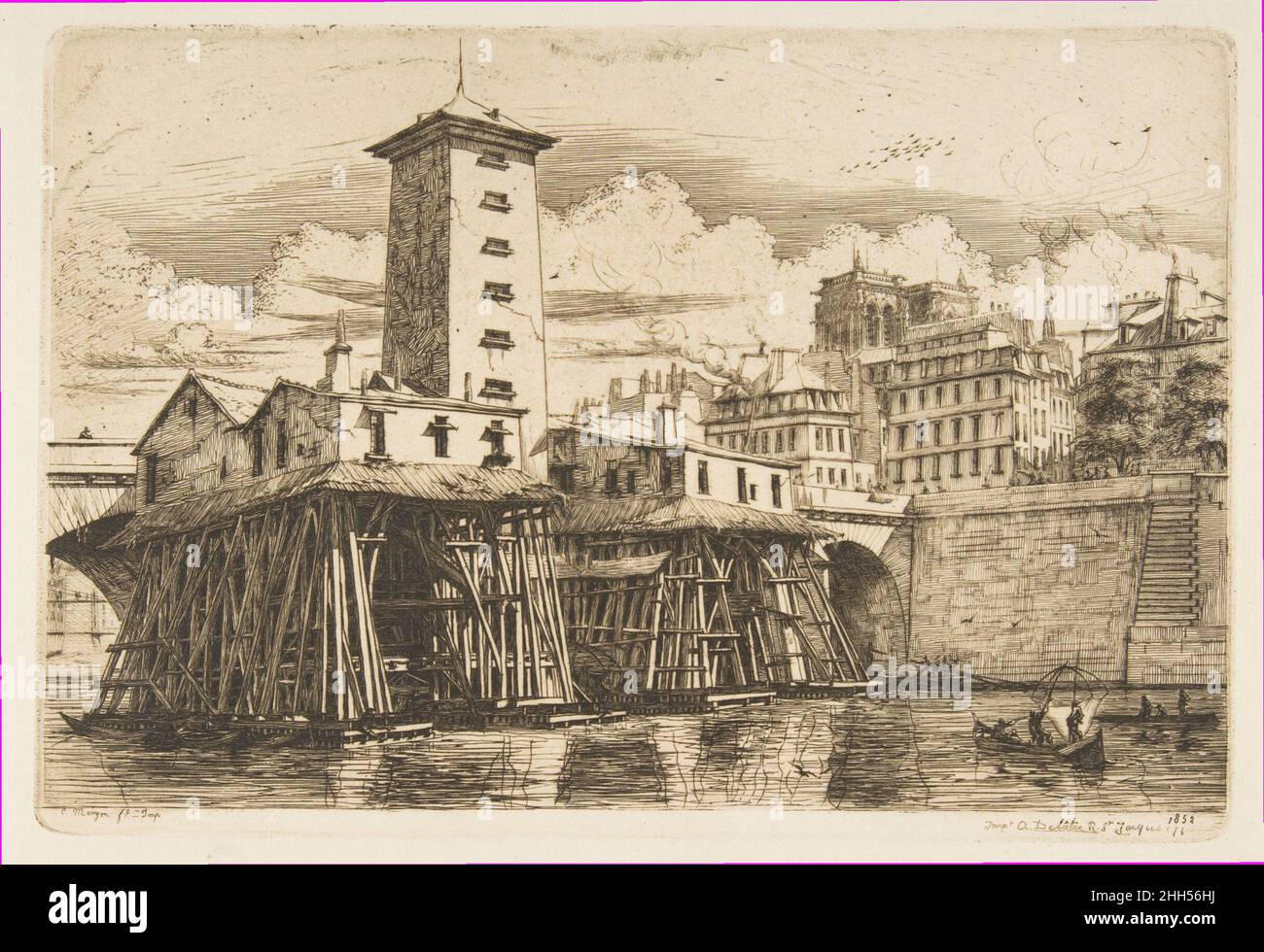 The Nôtre-Dame Pump, Parigi 1852 Charles Meryon francese. La Nôtre-Dame Pump, Parigi. Incisioni di Parigi. Charles Meryon (francese, 1821–1868). 1852. Incisione su carta deposta; ottavo stato di dieci. Stampa Foto Stock