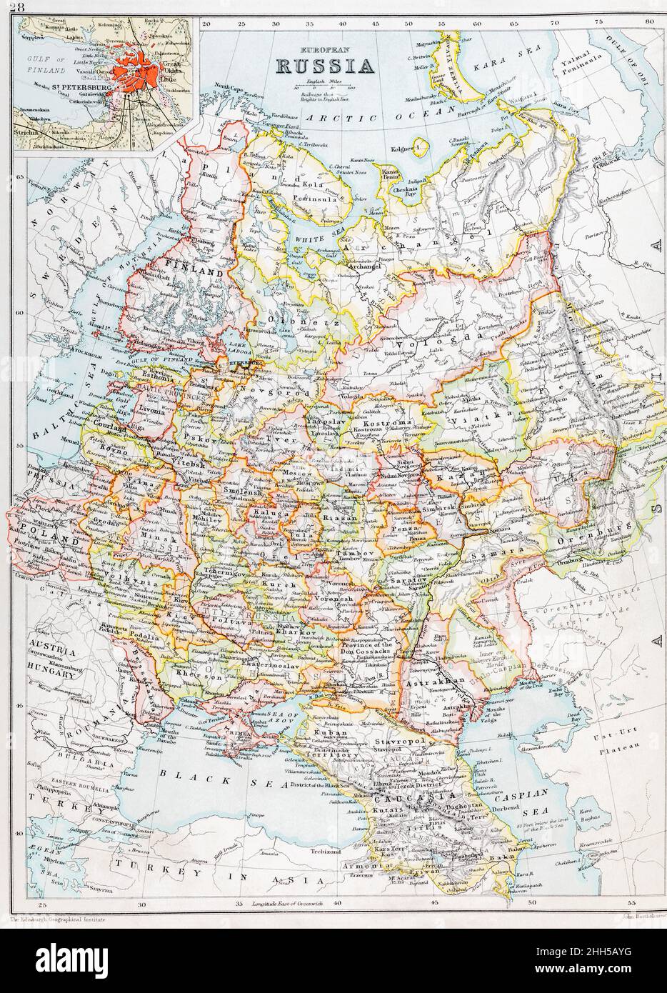 1896 Mappa storica della vecchia Russia, URSS pre-sovietico. Per la storia russa, gli attuali eventi ucraini e la Crimea russa, l'area europea della Russia. Foto Stock