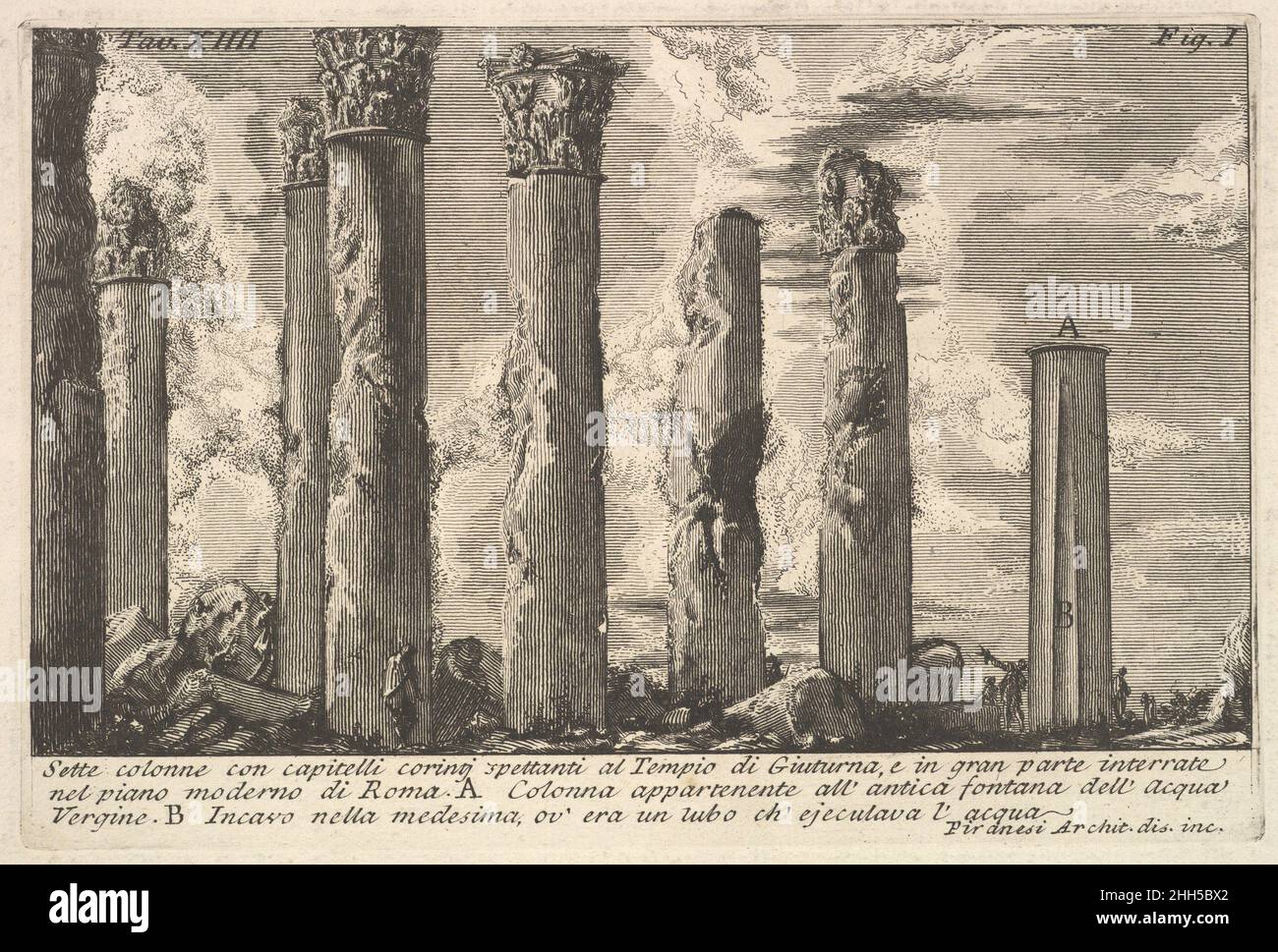 Sette colonne del Tempio di Juturna con capitelli corinzi. (Sette colonne con capitelli giunti spettanti al Tempio di Giuturna. .) 18th secolo Giovanni Battista Piranesi italiano. Sette colonne del Tempio di Juturna con capitelli corinzi. (Sette colonne con capitelli giunti spettanti al Tempio di Giuturna. .) 365382 Foto Stock