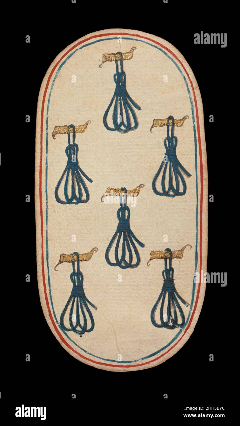 6 di Tethers, dalle carte da gioco dei Chiostri ca. 1475–80 South Netherlandish il set Cloisters di cinquantadue carte costituisce l'unico mazzo completo conosciuto di carte da gioco ordinarie illuminate (al contrario delle carte tarocchi) del XV secolo. Ci sono quattro tute, ciascuna composta da un re, una regina, un cavaliere e dieci carte pip. I simboli del vestito, basati sull'attrezzatura associata alla caccia, sono corna da caccia, collari di cane, tether di cane e nooses di gioco. Il valore delle carte pip è indicato da opportune ripetizioni del simbolo del seme. Le cifre, che sembrano essere basate su Franco-Flemi Foto Stock