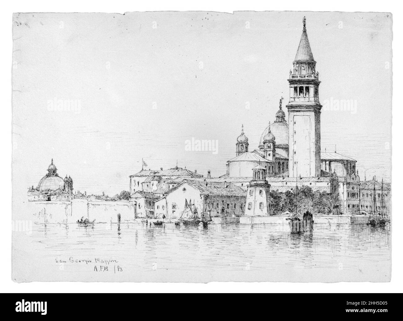 San Giorgio maggiore, Venezia 1883 Andrew Fisher Bunner. San Giorgio maggiore, Venezia. Andrew Fisher Bunner (1841-1897). Americano. 1883. Inchiostro nero su carta biancastra Foto Stock