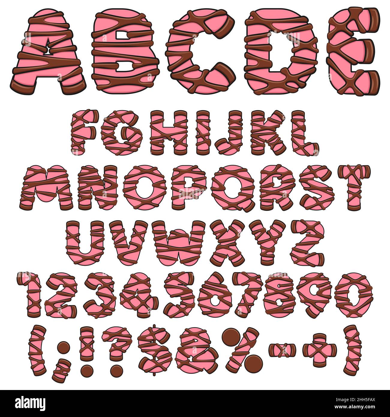 Alfabeto, lettere, numeri e segni di punschrulle rosa, dammsugare. Oggetti vettoriali isolati su sfondo bianco. Illustrazione Vettoriale
