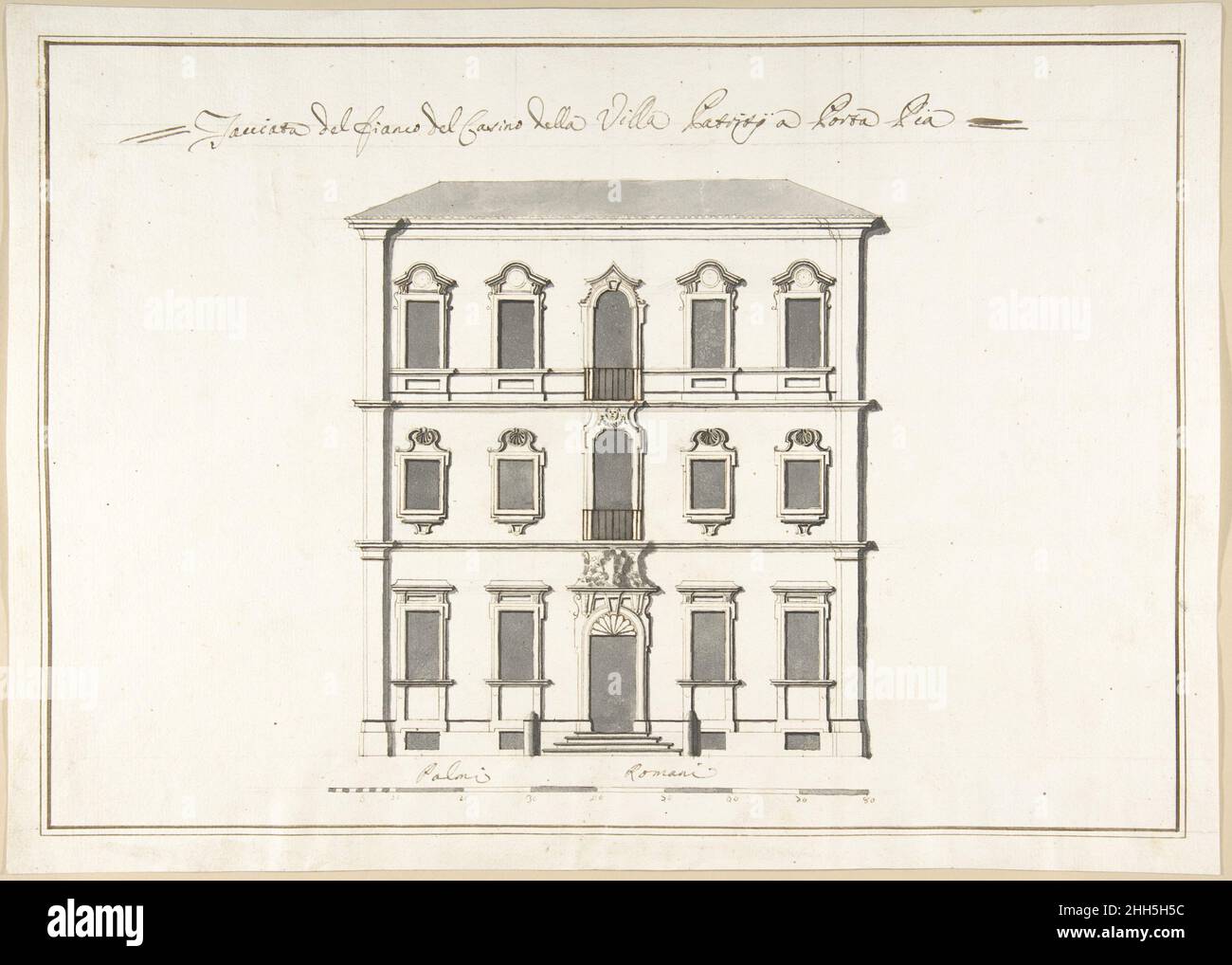 Disegno dell'elevazione laterale per il Casinò di Villa Patritj [Patrizi] a porta Pia 1710–27 Pietro Paolo Coccetti (Cocchetti) Italiano. Disegno dell'elevazione laterale per il Casinò di Villa Patritj [Patritii] a porta Pia 344251 Foto Stock