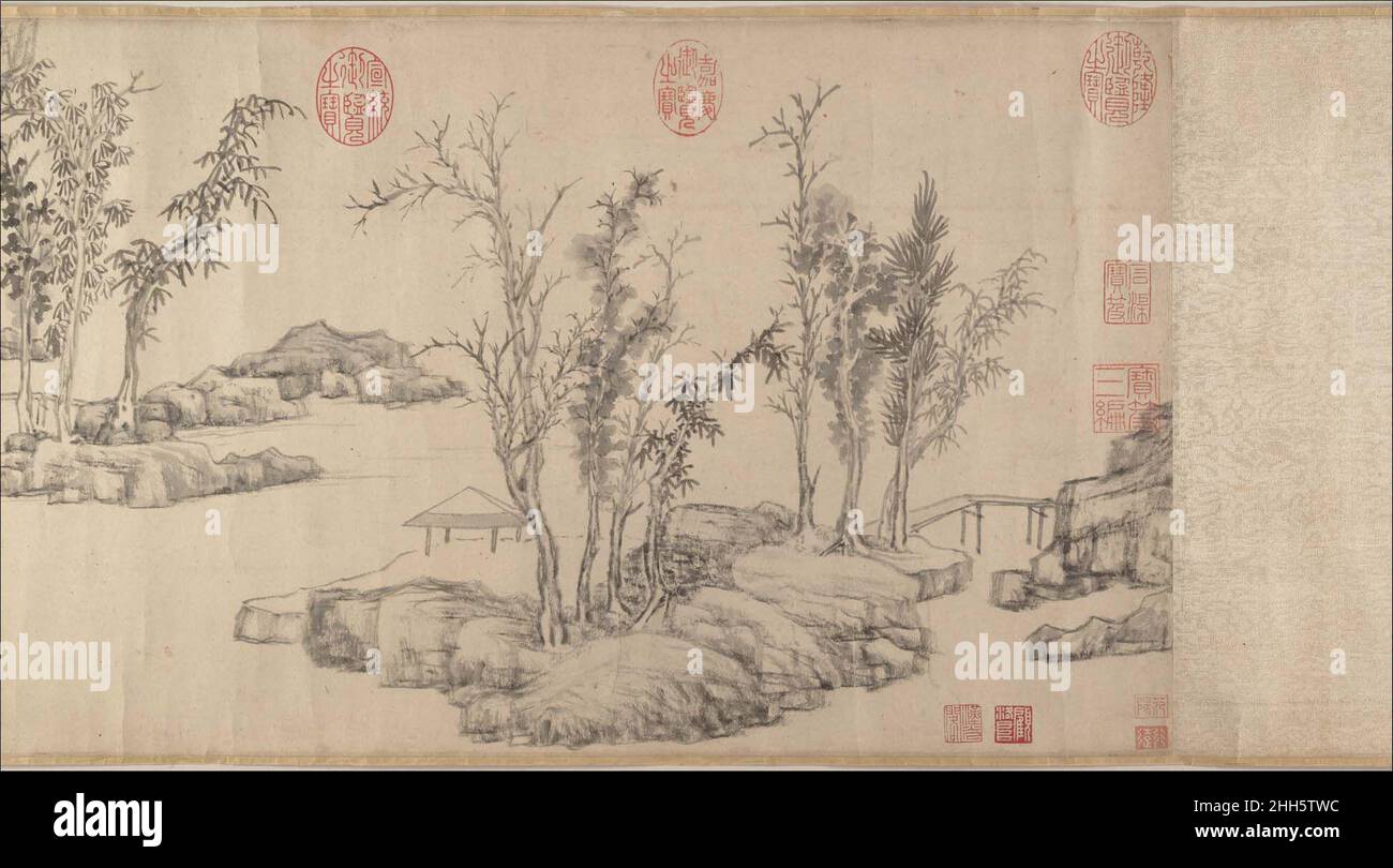 Ritiro estivo nella calligrafia orientale del boschetto databile a 1512 Wen Zhengming Cinese questo poema, scritto nello stile di esecuzione di Huang Tingjian (1045–1105), è uno dei due poemi di Wen aggiunto a questo dipinto. Entrambi i testi rivelano il primo studio di Wen Zhengming sulla calligrafia su larga scala del maestro del Northern Song. Wen Zhengming ha dedicato la sua vita al rilancio e alla reinterpretazione creativa delle tradizioni espressive della pittura e calligrafia di Song e Yuan. Wen ammirò in particolare lo stile di scrittura di Huang Tingjian, una passione che acquisì dal suo mentore Shen Zhou (1427–1509). Wen è audace Foto Stock