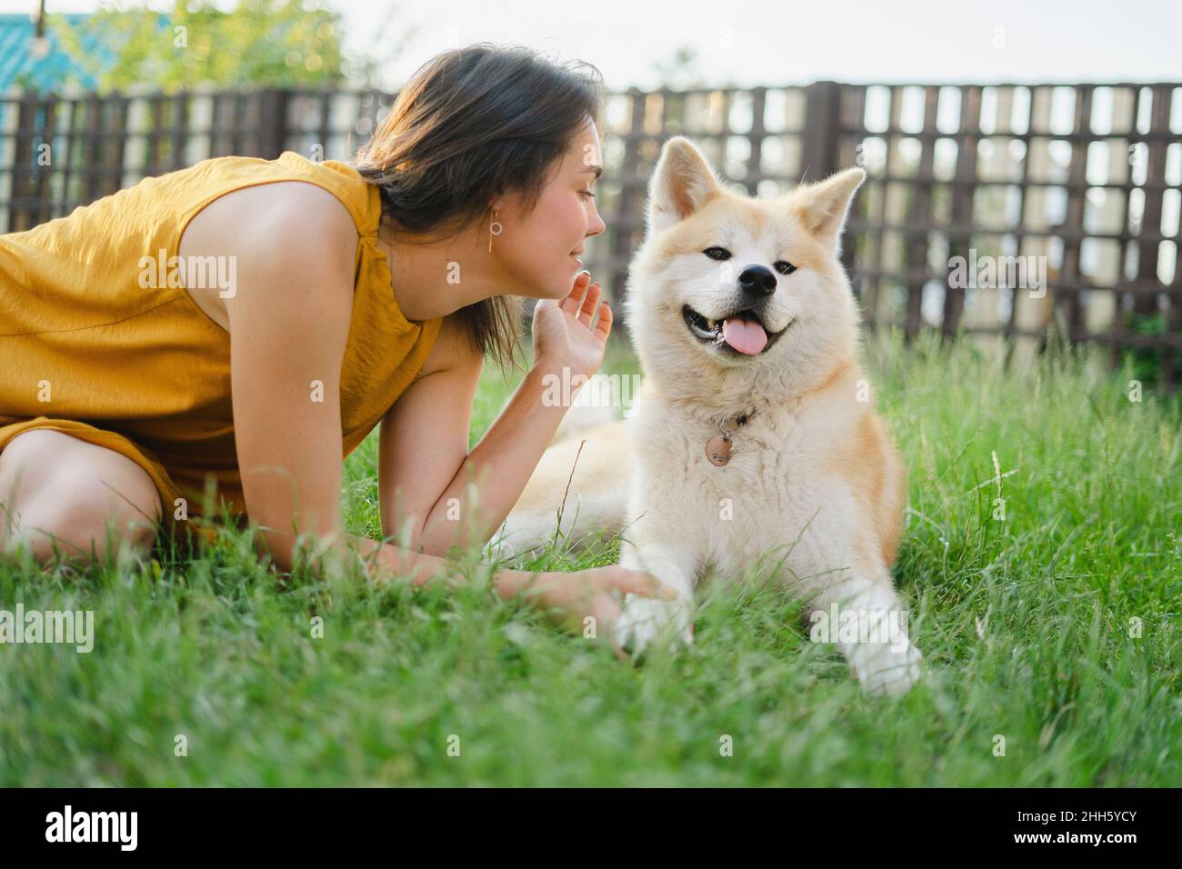 Donna che comunica con Akita cane su erba Foto Stock