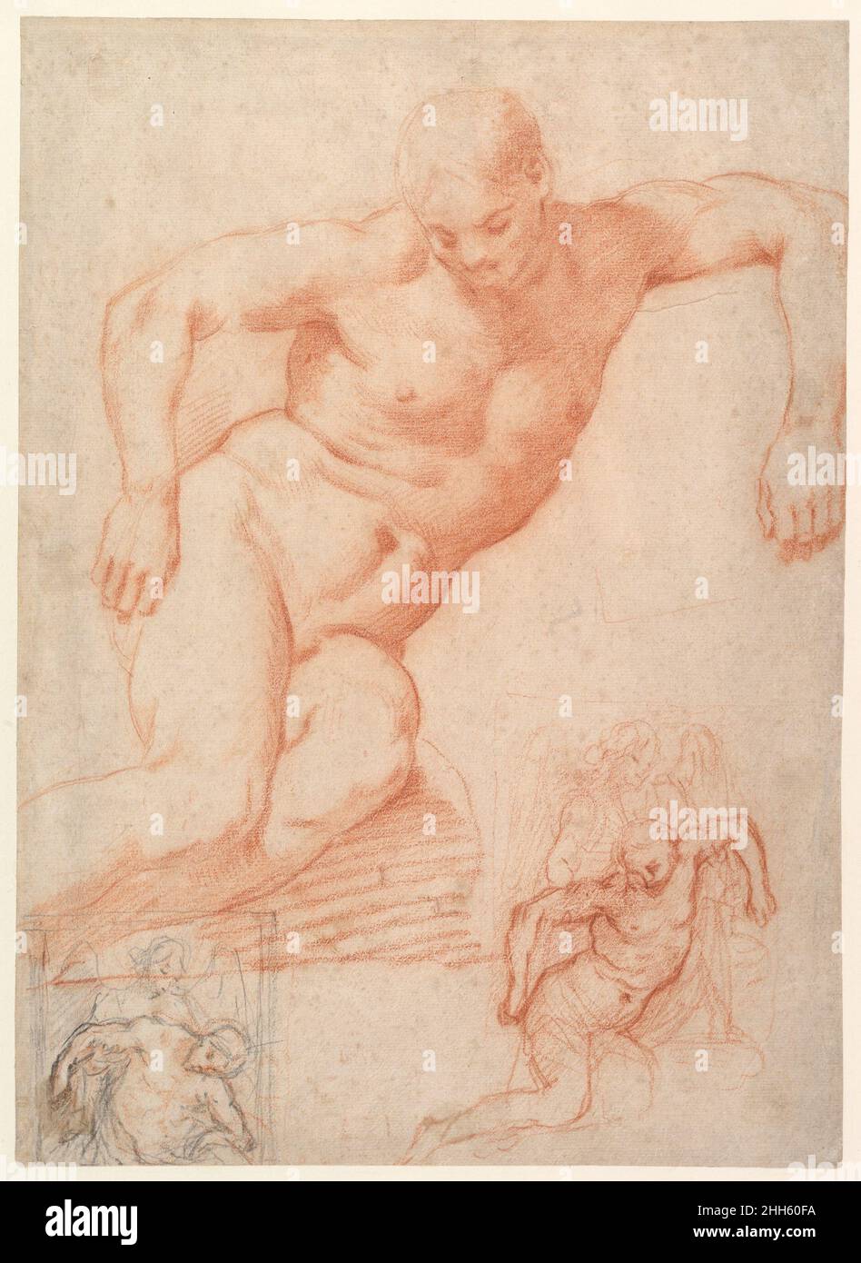 Studi del Cristo morto sostenuti da un Angelo, con studi sussidiari per la stessa composizione ca. 1570 Poppi (Francesco Morandini) Italiano un ottimo esempio di disegno di Poppi, questi studi da un modello vivente presentano tre varianti per la progettazione di un Cristo morto sostenuto da un angelo, e sono stati preparatori per una tavola dei Pietà (Cleveland, Collezione privata). Poppi, pittore manierista fiorentino, usò qui un affilato bastone di gesso rosso per descrivere più precisamente i dettagli naturalistici della figura principale, posta al centro del foglio, e adottò gesso nero Foto Stock