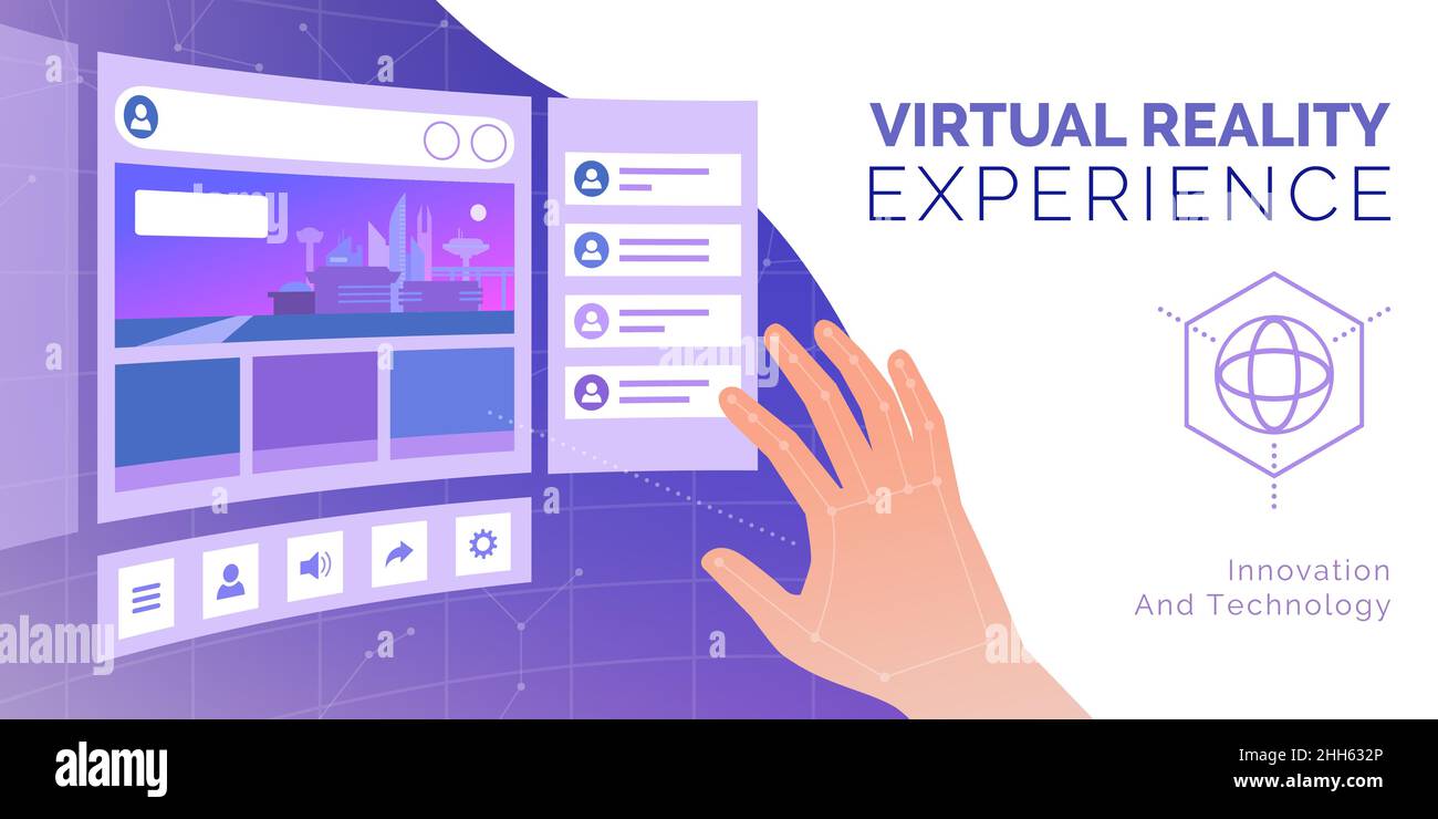 L'utente interagisce con schermi virtuali tridimensionali, realtà virtuale e concetto di spazio di lavoro virtuale Illustrazione Vettoriale
