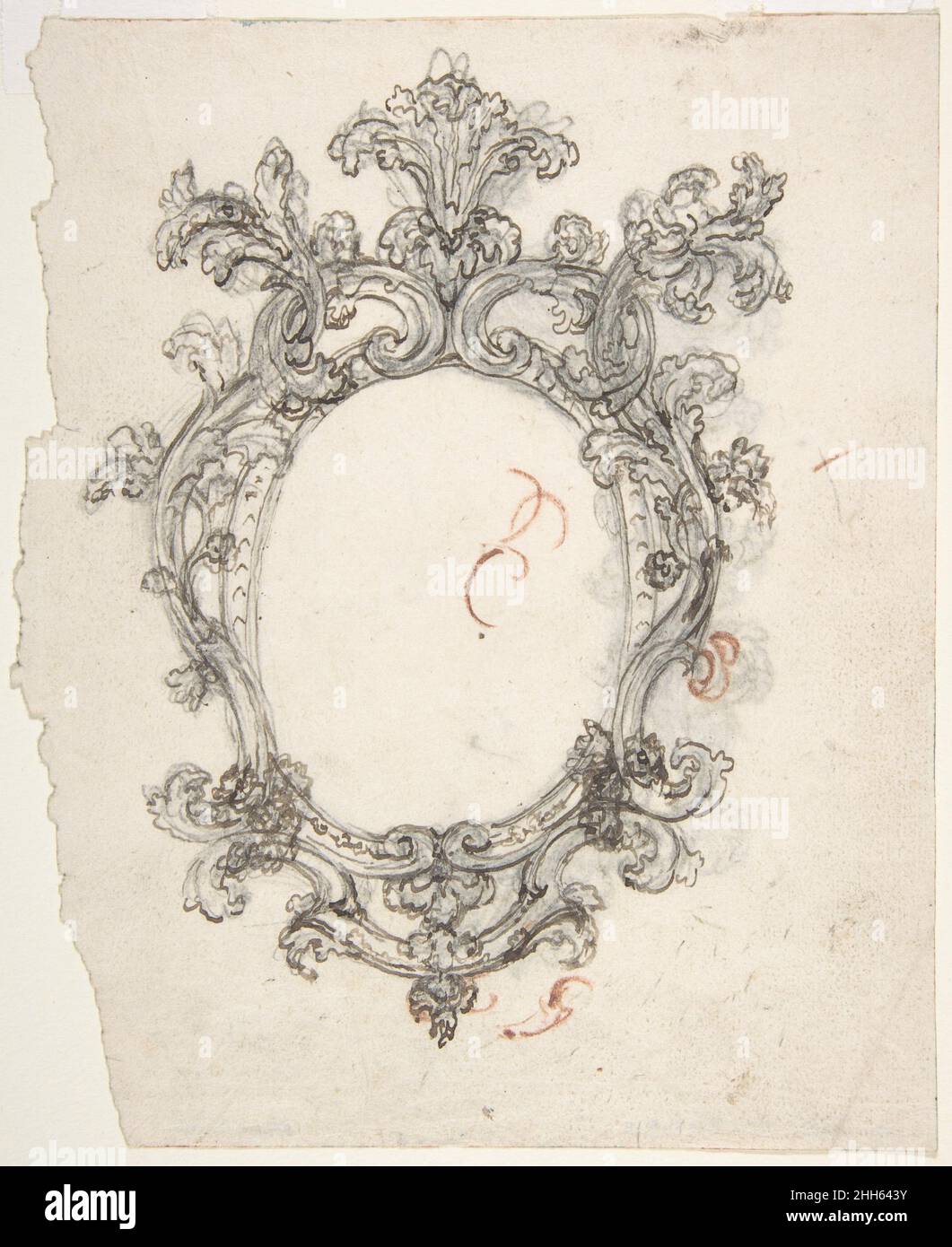 Design per un telaio ovale decorativo (recto). Semiscatola per un fotogramma ovale decorativo (verso). 1652–1725 Giovanni Battista Foggini italiano. Design per un telaio ovale decorativo (recto). Semiscatola per un riquadro ovale decorativo (verso). Giovanni Battista Foggini (Firenze 1652–1725 Firenze). 1652–1725. Penna e inchiostro marrone su tracce di gesso nero e marrone (recto). Penna e inchiostro marrone su tracce di gesso nero (verso). Disegni Foto Stock