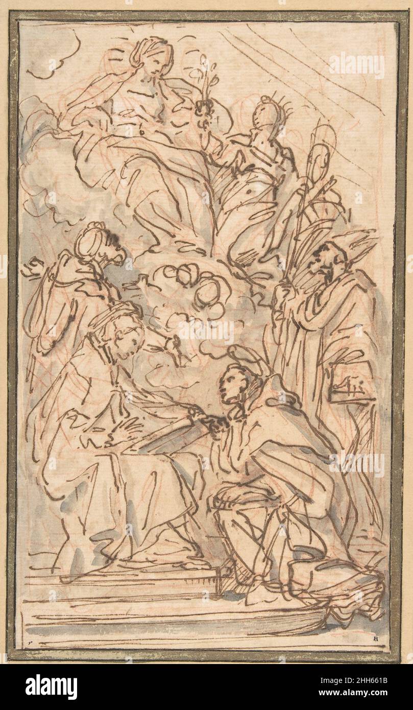 La Vergine con presunzione femminile apparsa a quattro Santi maschi 1680–95 attribuita a Carlo Maratti italiano non è chiaro il preciso collegamento del disegno del Museo ai dipinti di Maratti. Un racconto strettamente contemporaneo della pala d'altare della Cappella Cybo di Santa Maria del Popolo, Roma, a cui tradizionalmente è associato il disegno attuale, appare nel 'Ritratti di alcuni celebri pittori del secolo XVII' di Giovanni Pietro Bellori (Roma, 1731, pp. 186-87): 'Cuccedendo appresso l'anno 1686 restò terminata la cappella del Cardinale Alderano Cibo dedicata alla' Immacolata Concezione nella CH Foto Stock