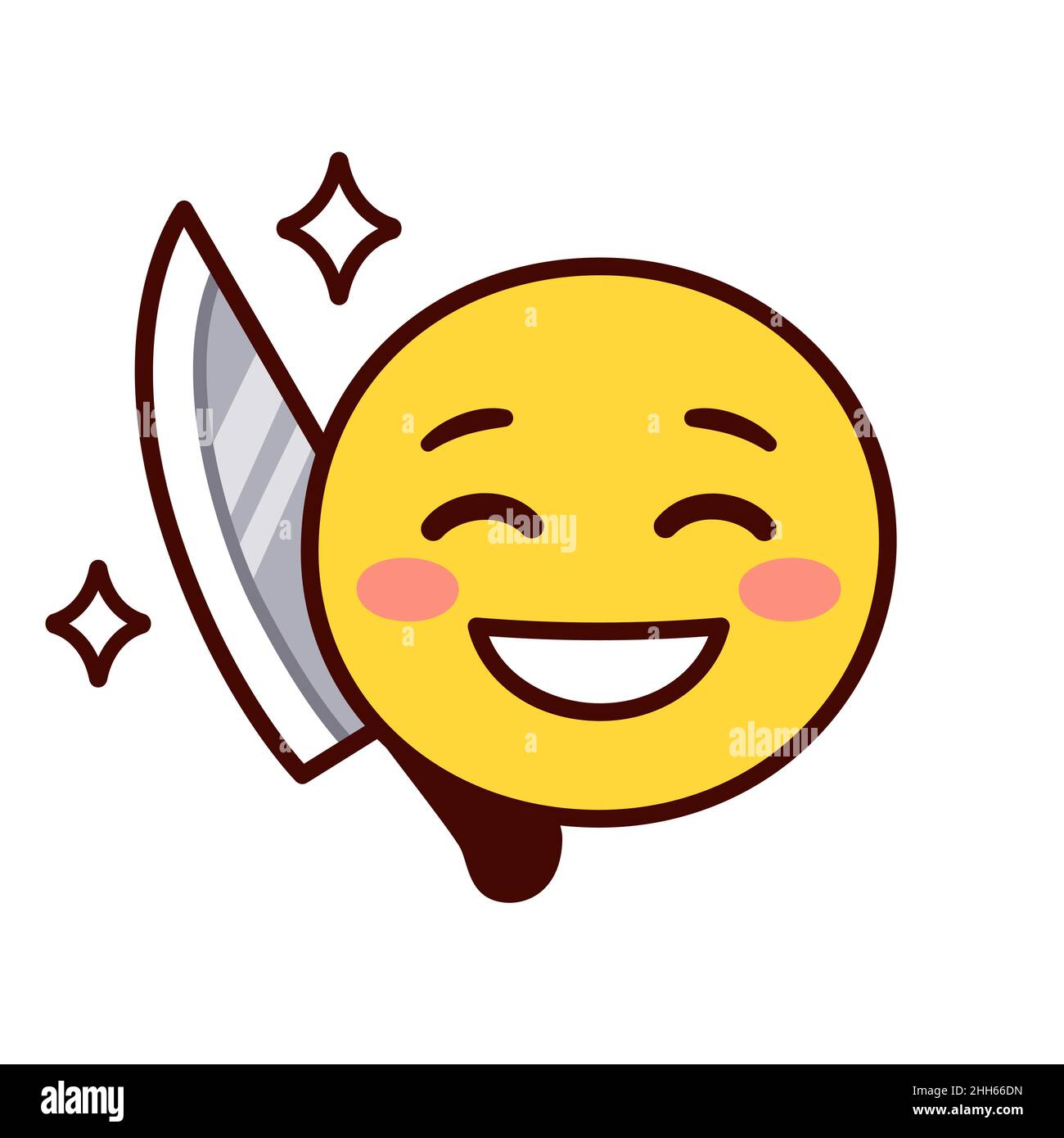 笑里藏刀 espressione cinese: Un coltello nascosto dietro un sorriso. Sorridente emoji nascondendo il coltello dietro la schiena. Illustrazione Vettoriale