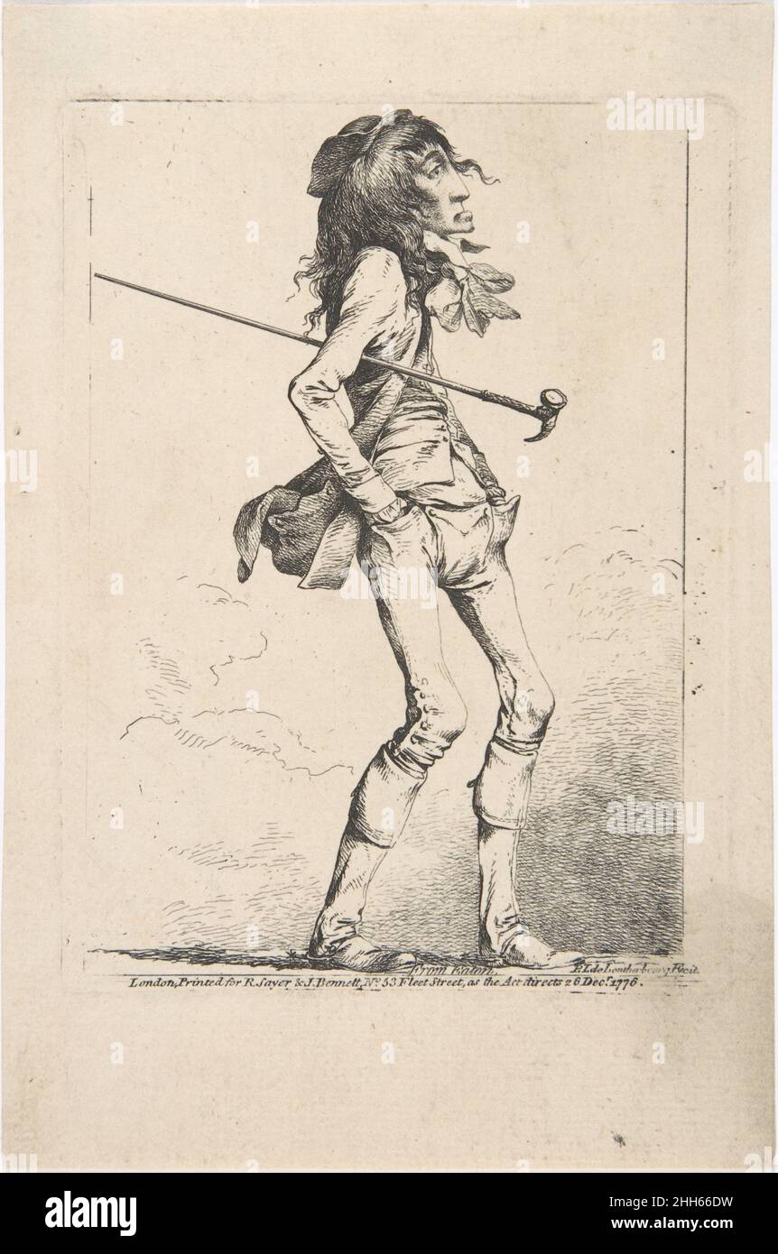 Da Eaton 8 dicembre 1776 Philippe Jacques de Loutherbourg il francese Loutherbourg si trasferì a Londra da Parigi nel 1771 e lavorò per David Garrick al Drury Lane Theatre, introducendo set design trasformativi ed effetti di illuminazione. Durante questo intenso decennio ha prodotto "caricature degli inglesi", forse intenzionati per il mercato francese. Questo esempio si concentra su un giovane uomo sottile che porta una canna e indossa stivali da corsa, un cappotto sciolto, e grande cravat. Piuttosto che la scuola famosa (Eton College), il titolo si riferisce probabilmente a Eaton Hall, Cheshire, casa ancestrale del nobile, politico, Foto Stock