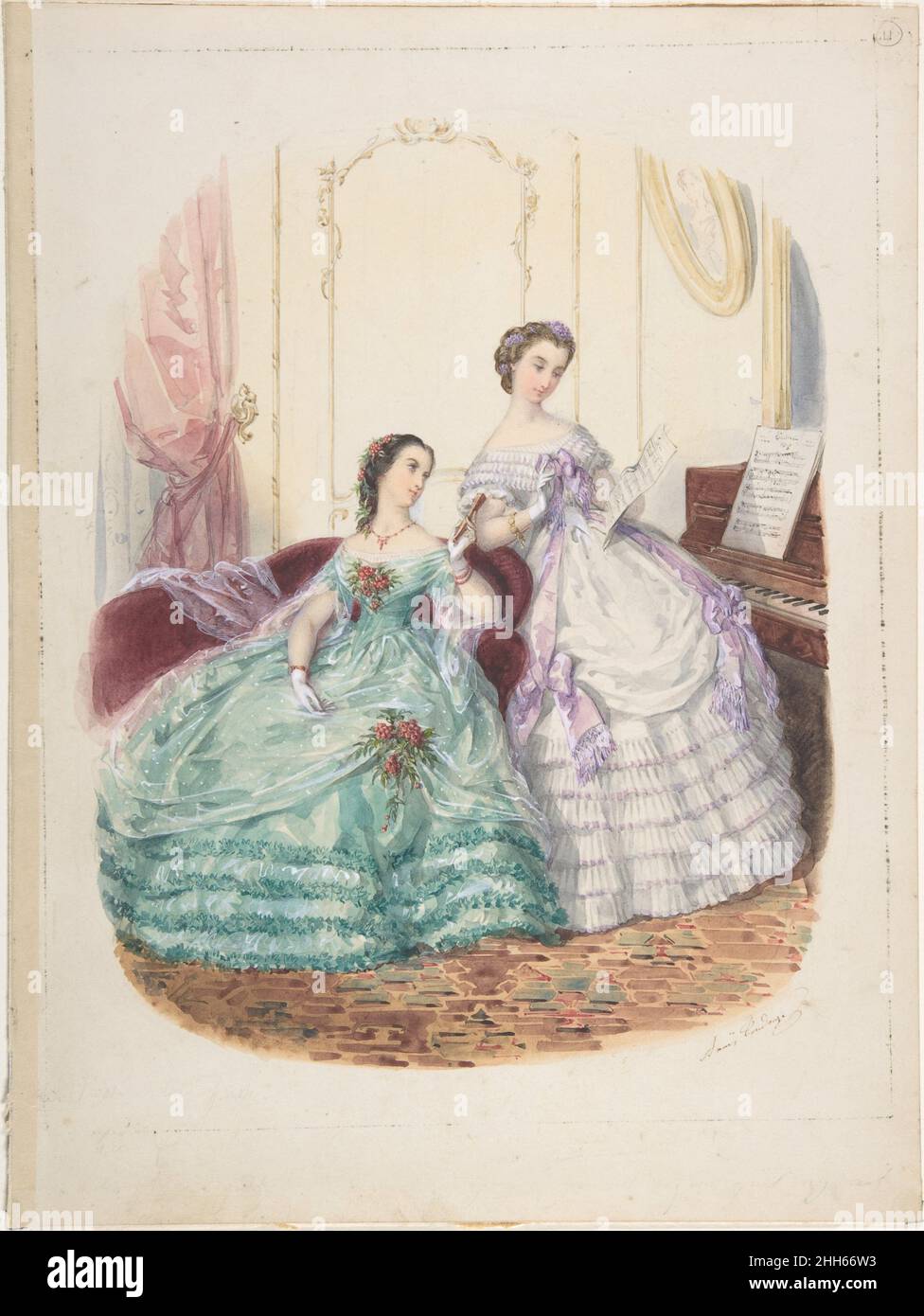 Fashion Study: Due donne in abito serale ca. 1860 Adèle-Anais Toudouze Francese. Studio di moda: Due donne in abito da sera. Adèle-Anais Toudouze (francese, Parigi 1822–1899 Parigi). CA. 1860. Acquerello su grafite. Disegni Foto Stock