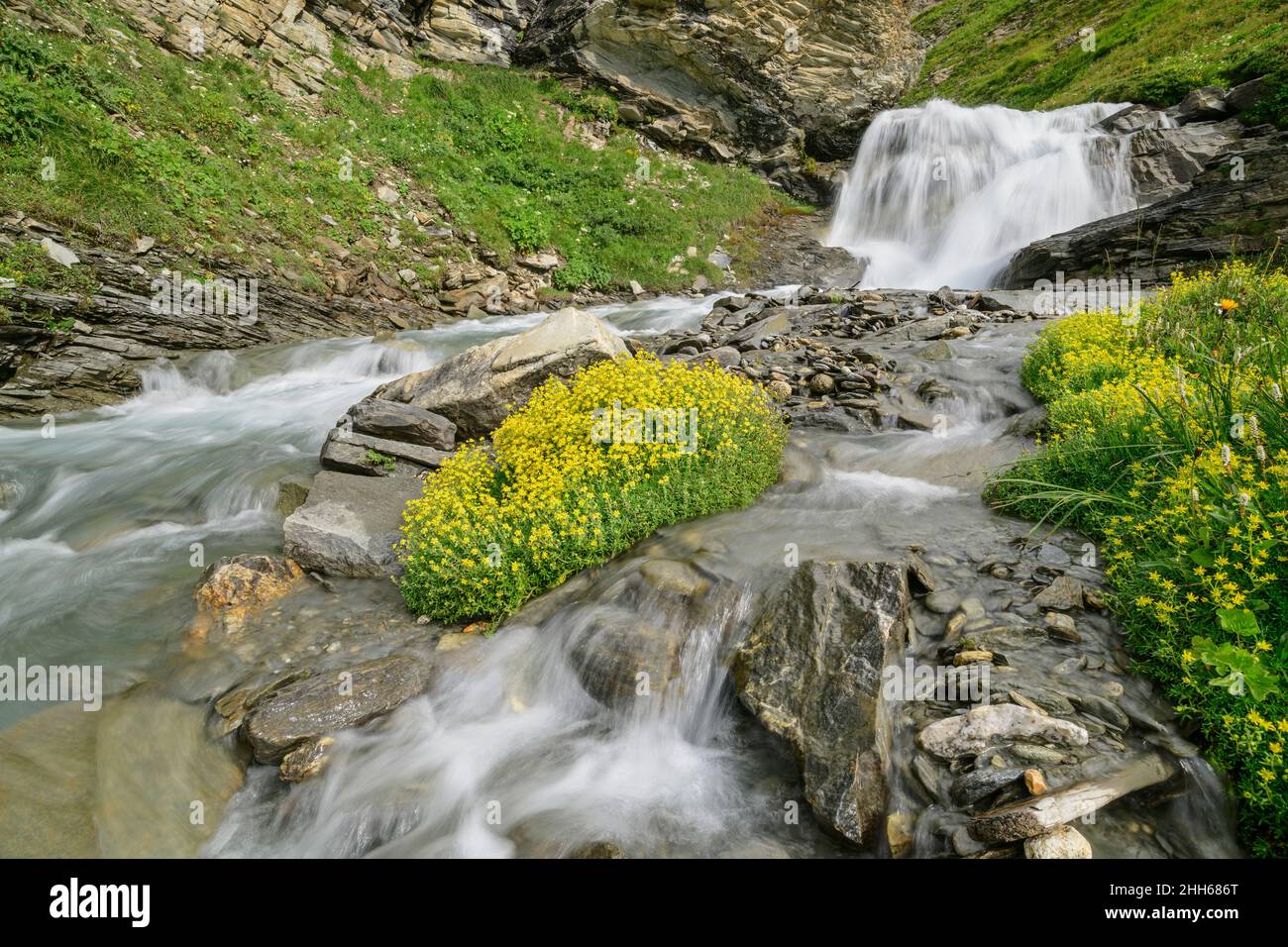 Acqua che scorre sul torrente col de l'Iseran, Parco Nazionale della Vanoise, Francia Foto Stock