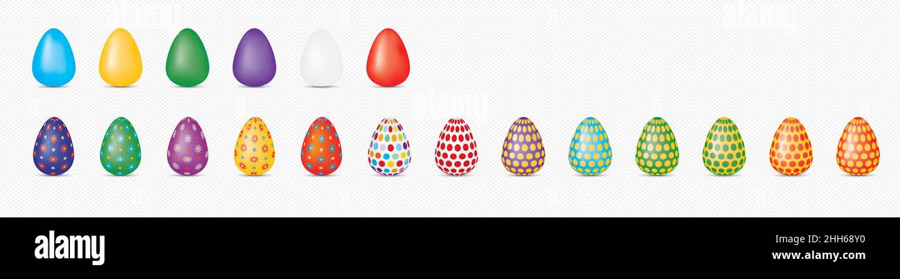 Uova di Pasqua, disegno vettoriale dipinto con simboli pasquali, fiori e colori. Livelli organizzati, sfondo trasparente. Illustrazione Vettoriale