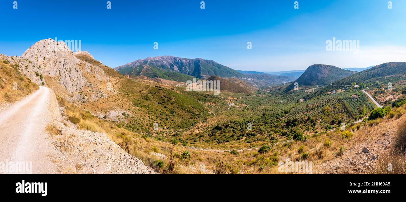 Strada vuota in montagna in giornata di sole, Andalusia, Spagna, Europa Foto Stock