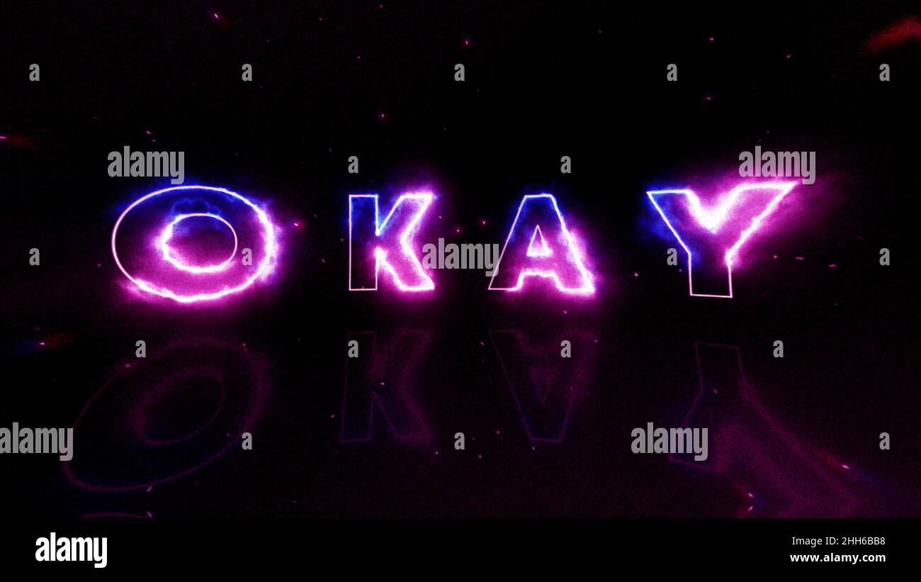 Le lettere astratte appaiono nella fiamma di energia bruciante e formando una parola OK. Movimento. Iscrizione OK su sfondo nero con scintille Foto Stock