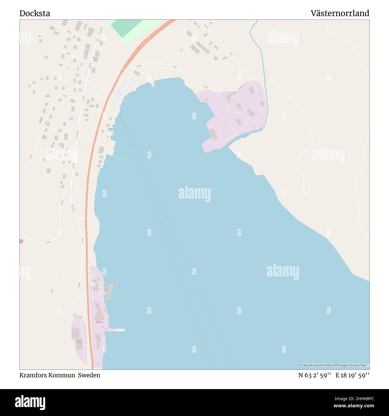 Docksta, Kramfors Kommun, Sweden, Västernorrland, N 63 2' 59'', e 18 19' 59''', mappa, mappa senza tempo pubblicata nel 2021. Viaggiatori, esploratori e avventurieri come Florence Nightingale, David Livingstone, Ernest Shackleton, Lewis and Clark e Sherlock Holmes si sono affidati alle mappe per pianificare i viaggi verso gli angoli più remoti del mondo, Timeless Maps sta mappando la maggior parte delle località del mondo, mostrando il successo di grandi sogni. Foto Stock