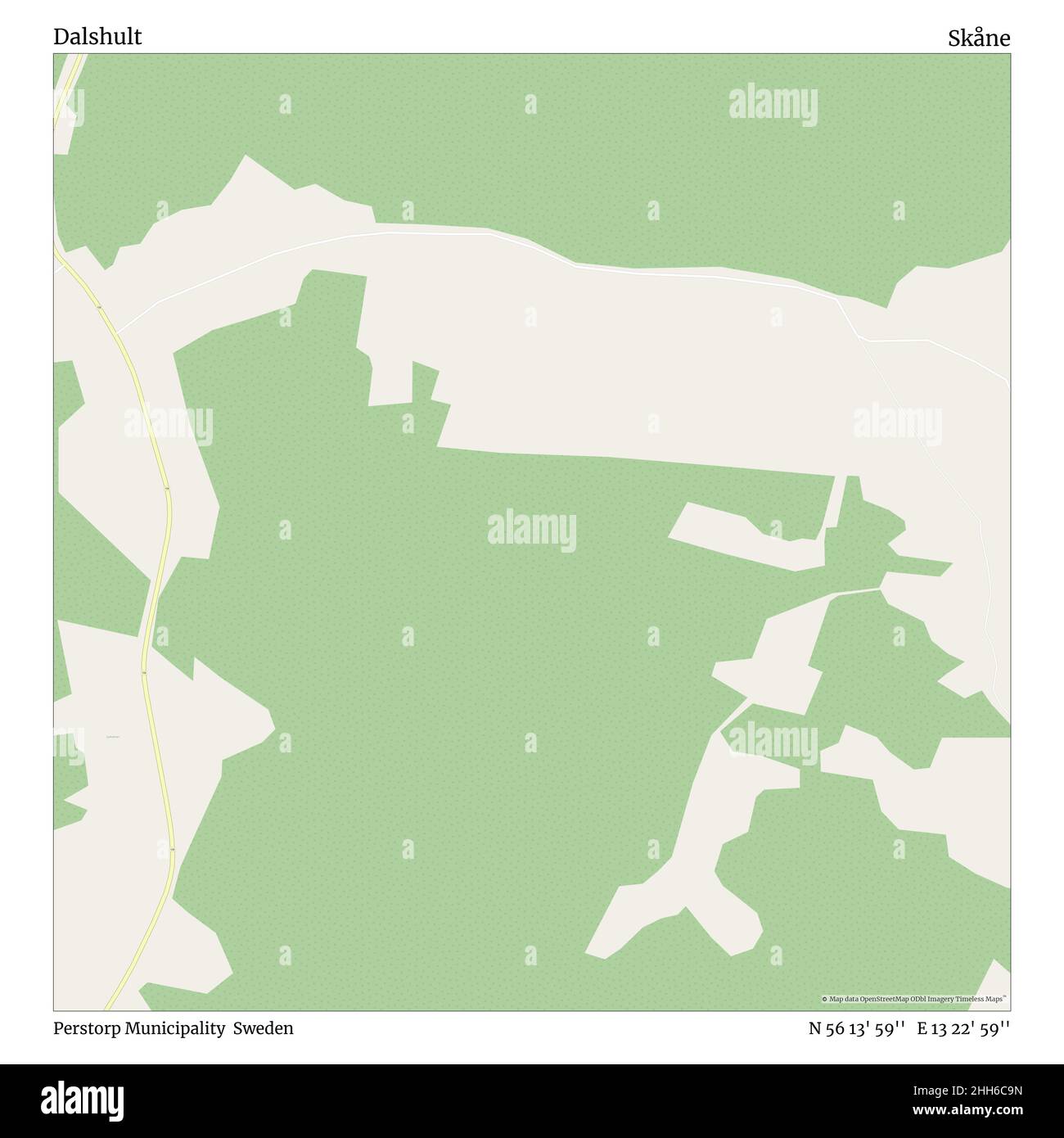 Dalshult, Perstorp Municipality, Sweden, Skåne, N 56 13' 59'', e 13 22' 59''', mappa, Mappa senza tempo pubblicata nel 2021. Viaggiatori, esploratori e avventurieri come Florence Nightingale, David Livingstone, Ernest Shackleton, Lewis and Clark e Sherlock Holmes si sono affidati alle mappe per pianificare i viaggi verso gli angoli più remoti del mondo, Timeless Maps sta mappando la maggior parte delle località del mondo, mostrando il successo di grandi sogni. Foto Stock