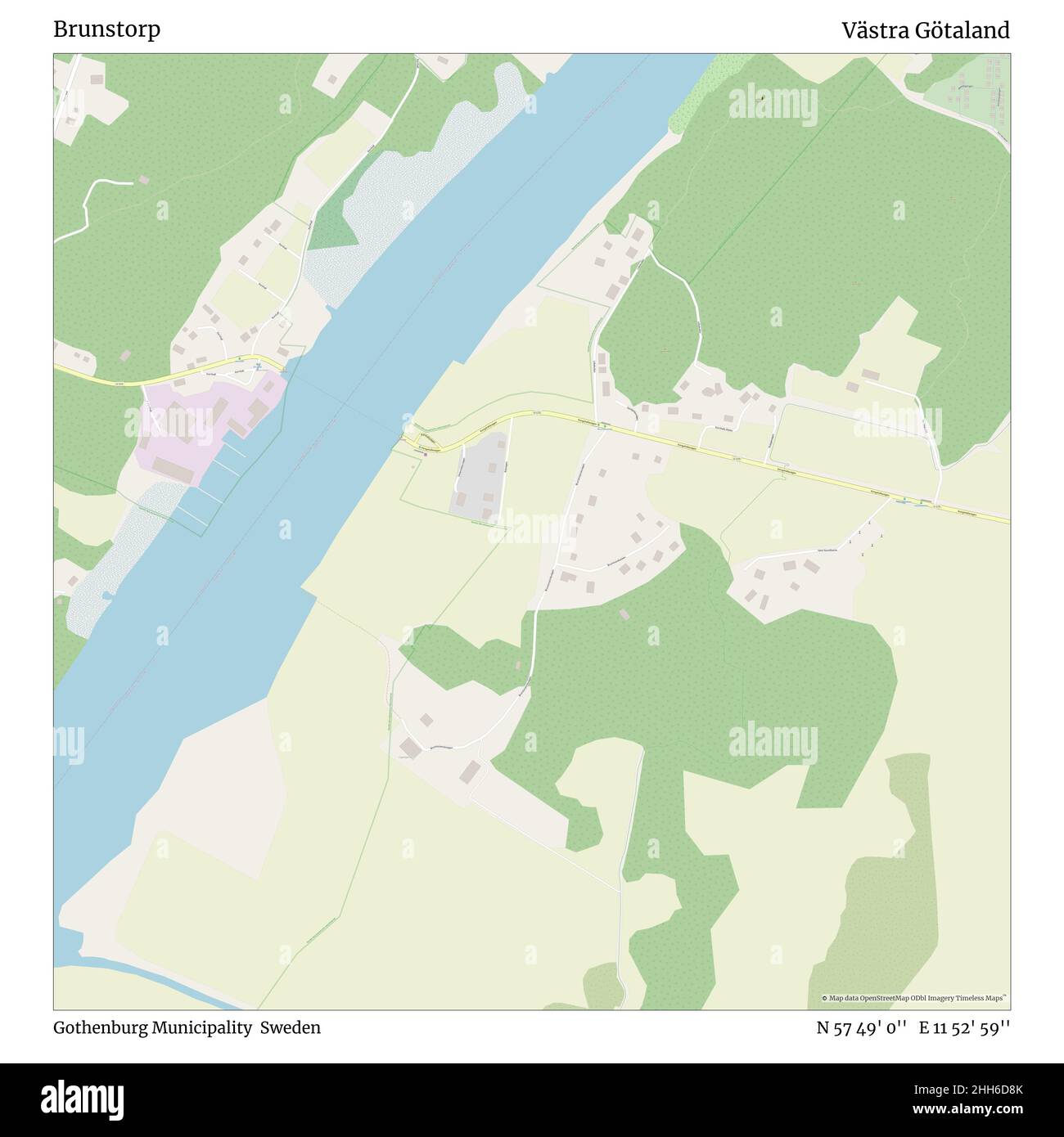 Brunstorp, comune di Gothenburg, Svezia, Västra Götaland, N 57 49' 0'', e 11 52' 59''', mappa, mappa senza tempo pubblicata nel 2021. Viaggiatori, esploratori e avventurieri come Florence Nightingale, David Livingstone, Ernest Shackleton, Lewis and Clark e Sherlock Holmes si sono affidati alle mappe per pianificare i viaggi verso gli angoli più remoti del mondo, Timeless Maps sta mappando la maggior parte delle località del mondo, mostrando il successo di grandi sogni. Foto Stock