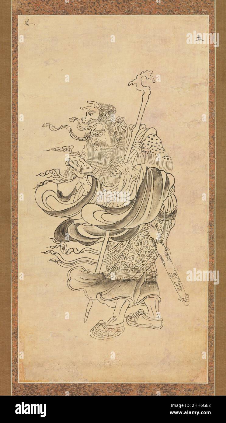 Disegno iconografico di Saturno (Doyō) i rituali giapponesi del 12th secolo dedicati alle stelle e ai pianeti furono introdotti in Giappone dalla Cina nel nono secolo insieme agli insegnamenti buddisti esoterici. Doyō (Sanscrito: Shanaishchara), o il pianeta Saturno, è uno dei nove Luminari (Sanscrito: Navagraha) del sistema stellare come originariamente definito nei primi testi indiani che sono stati successivamente incorporati nel buddismo. In Cina, le intese buddiste dei cieli sono state intrecciate con le credenze daoiste. Qui, il pianeta è illustrato come un vecchio uomo con la testa di un toro in cima al suo, vestito di un flowi Foto Stock